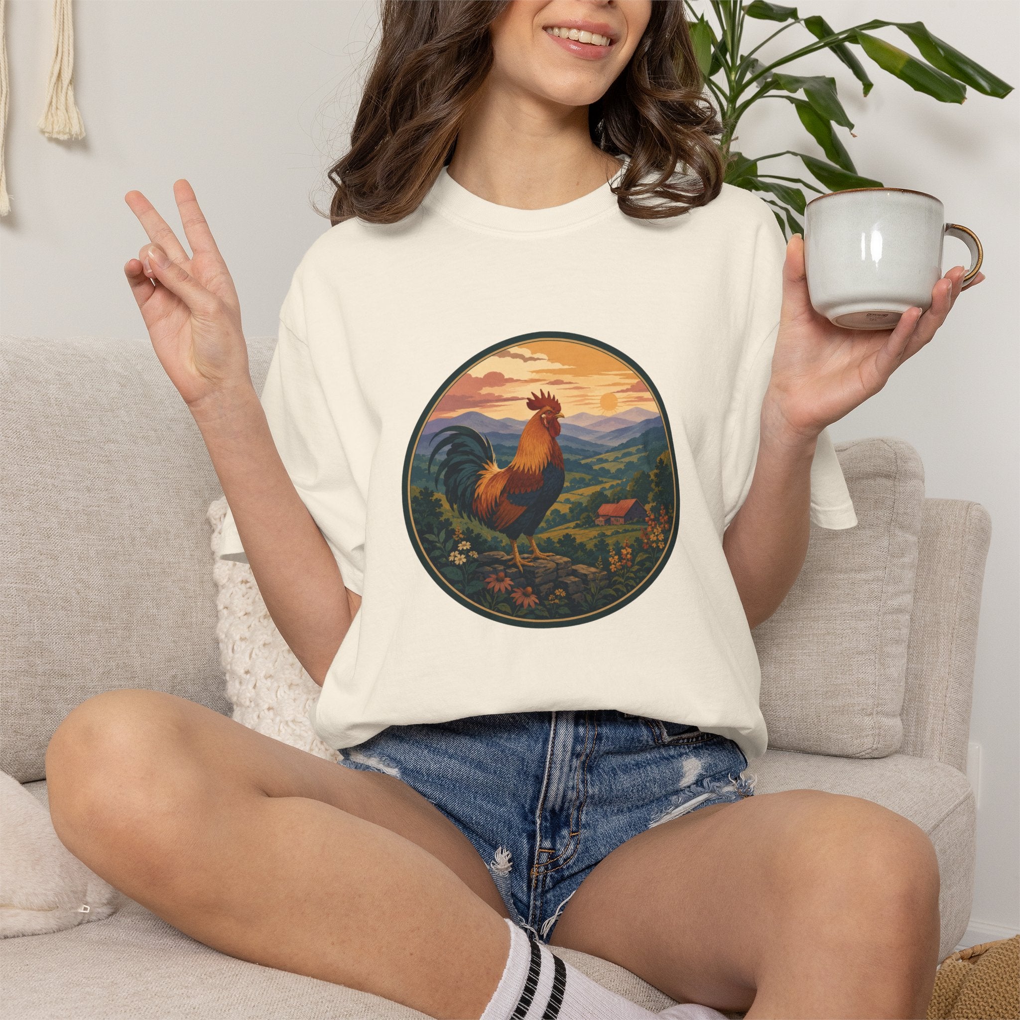Blue Ridge Rooster Sunrise T-Shirt — Vintage Farm Scene Tee