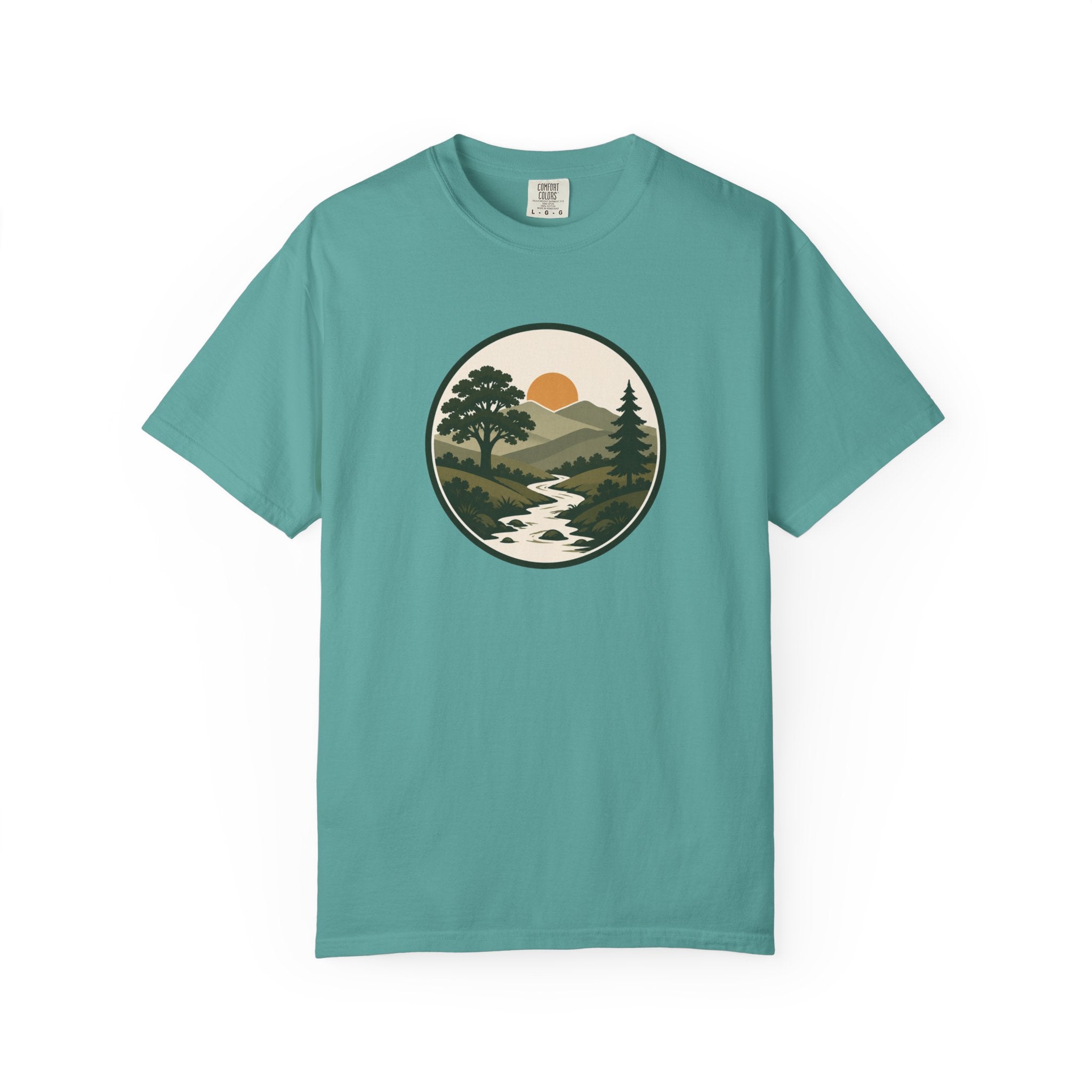 Simple Goodness Badge T-Shirt — Scenic Mountain Sunset River Design