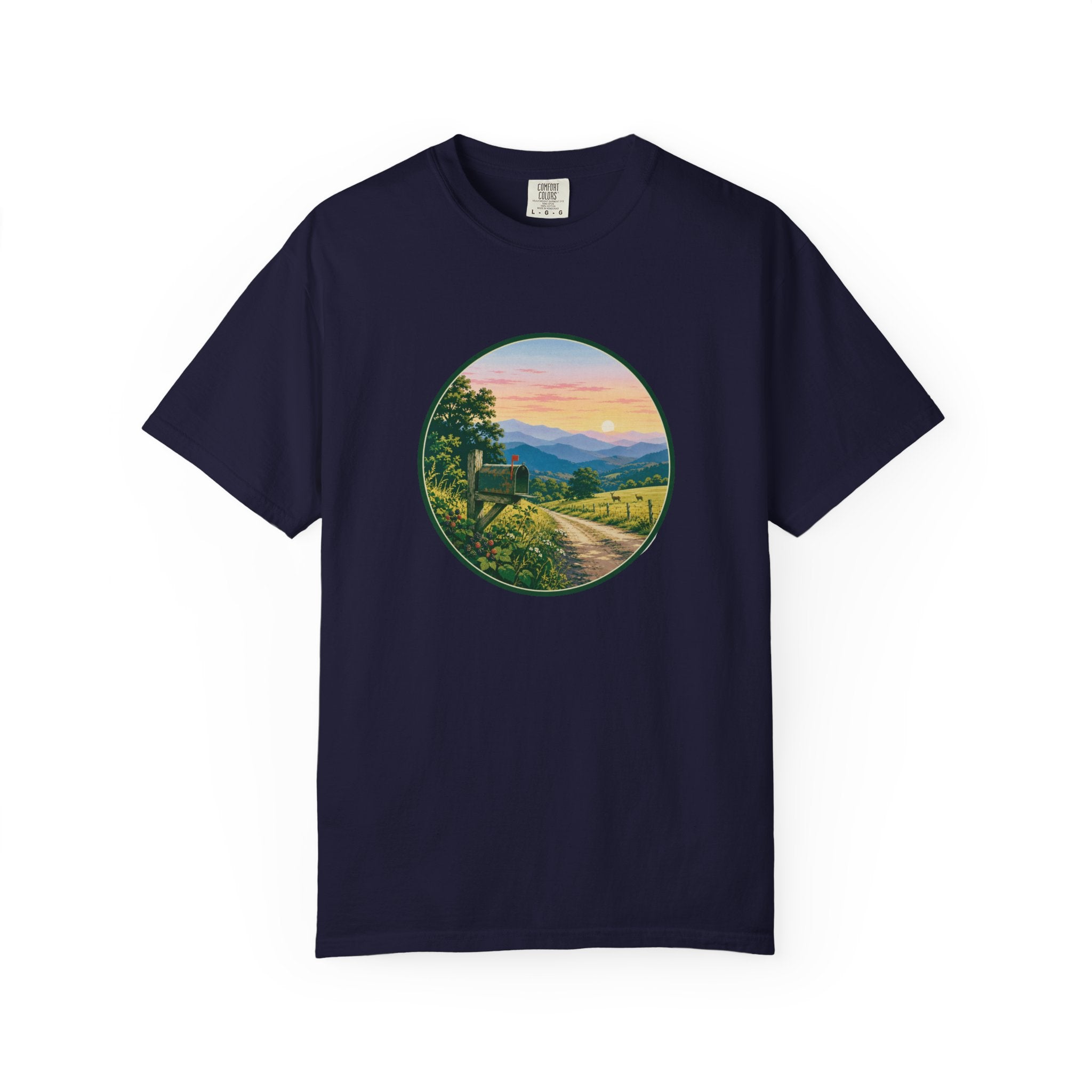 Scenic Backroad Sunset T-Shirt — Vintage Mailbox Circle Landscape Tee