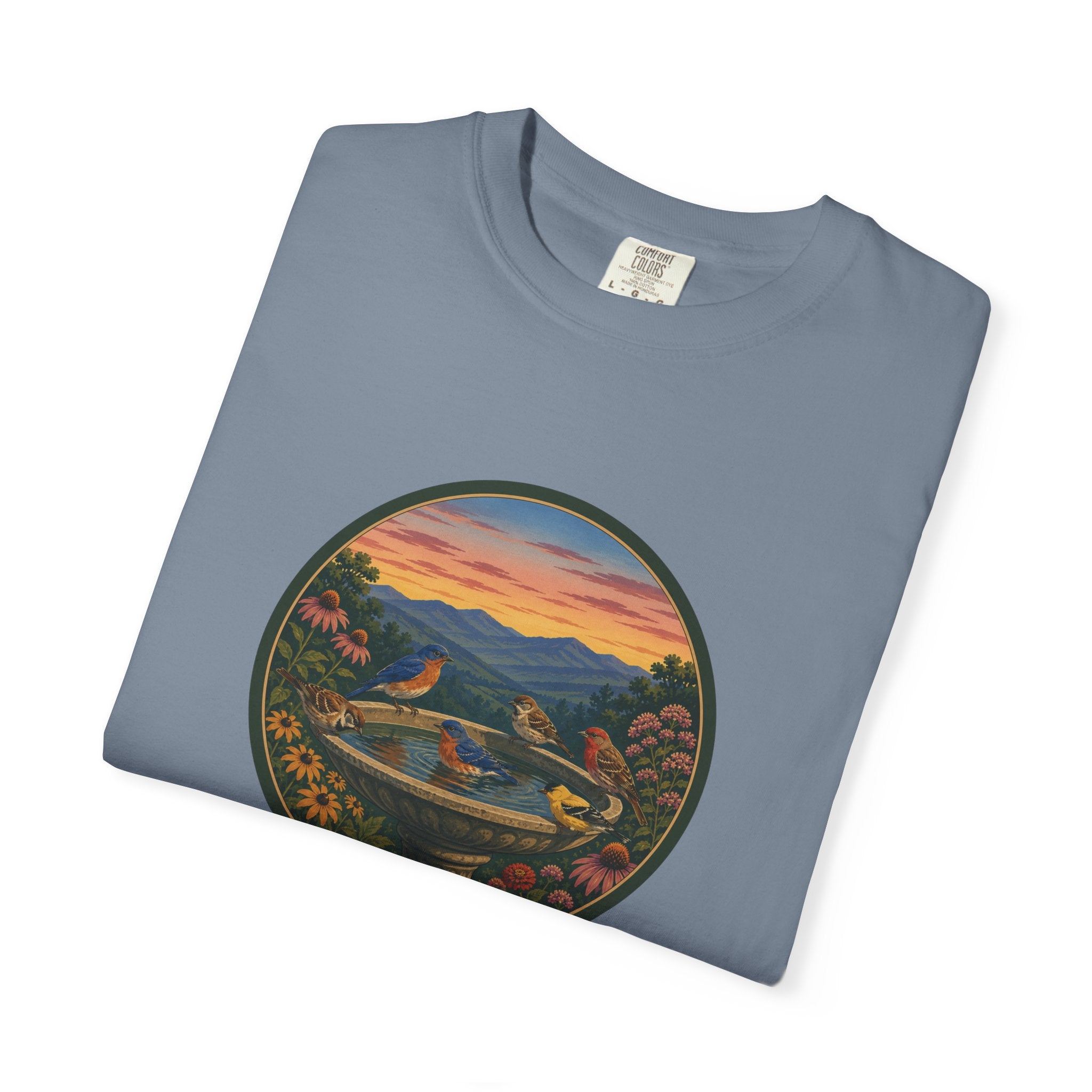 Sunset Garden Tee — Vintage Birdbath Landscape T-Shirt