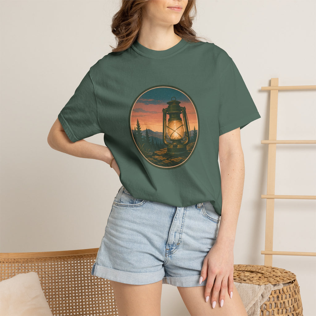 Lantern Sunset T-Shirt — Vintage Campfire Night Graphic Tee