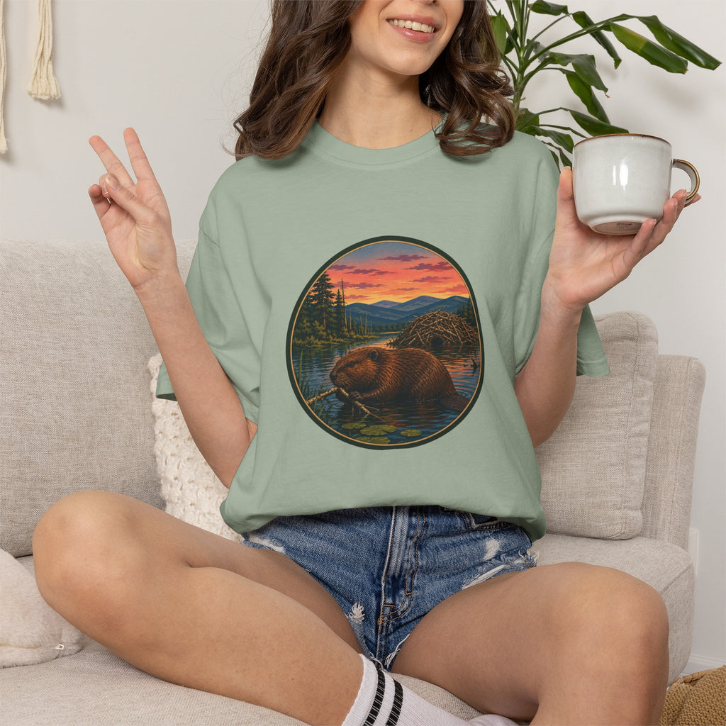 Beaver Sunset T-Shirt — Mountain Lake Wildlife Graphic Tee