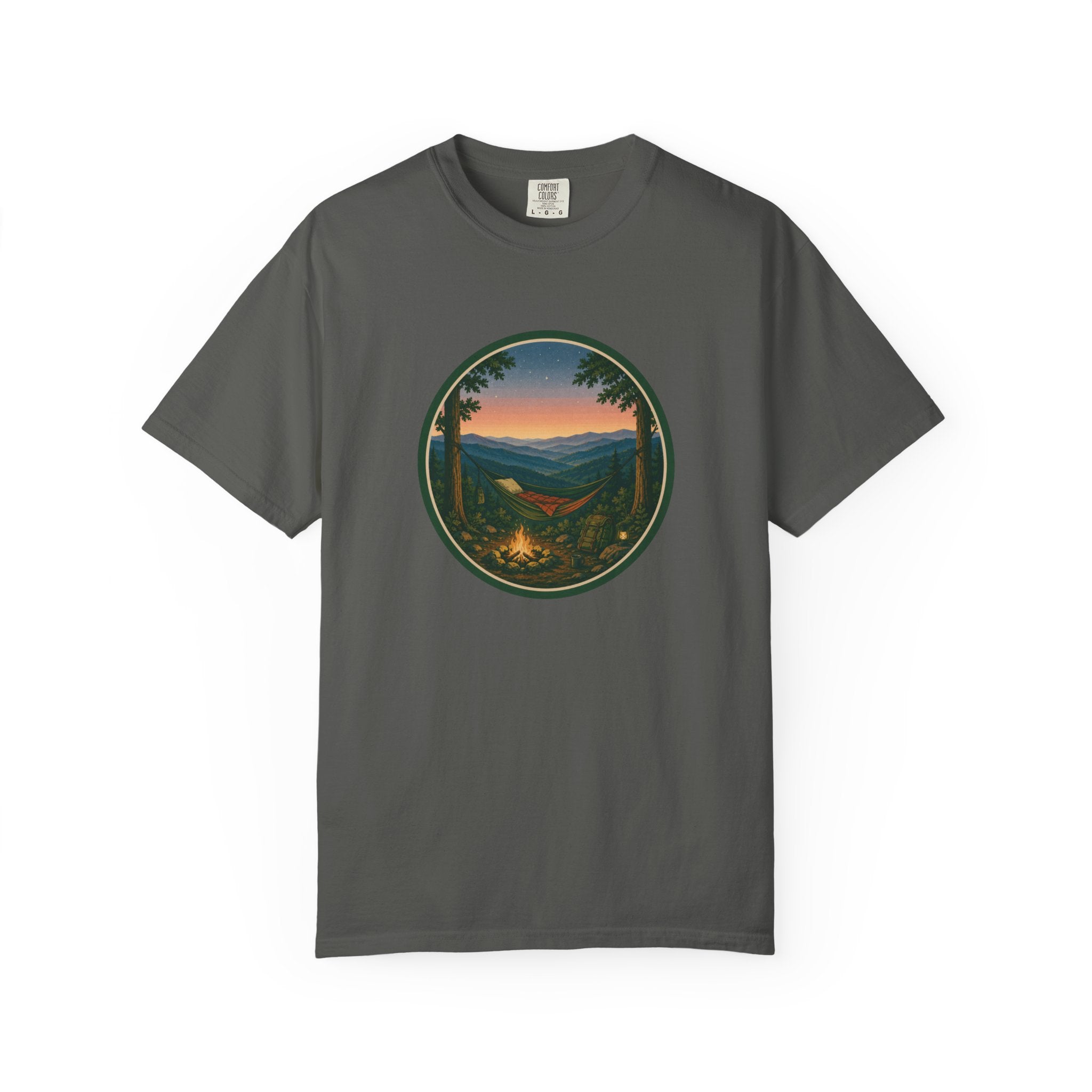 Campfire Mountain Sunset T-Shirt — Scenic Hiking Adventure Tee
