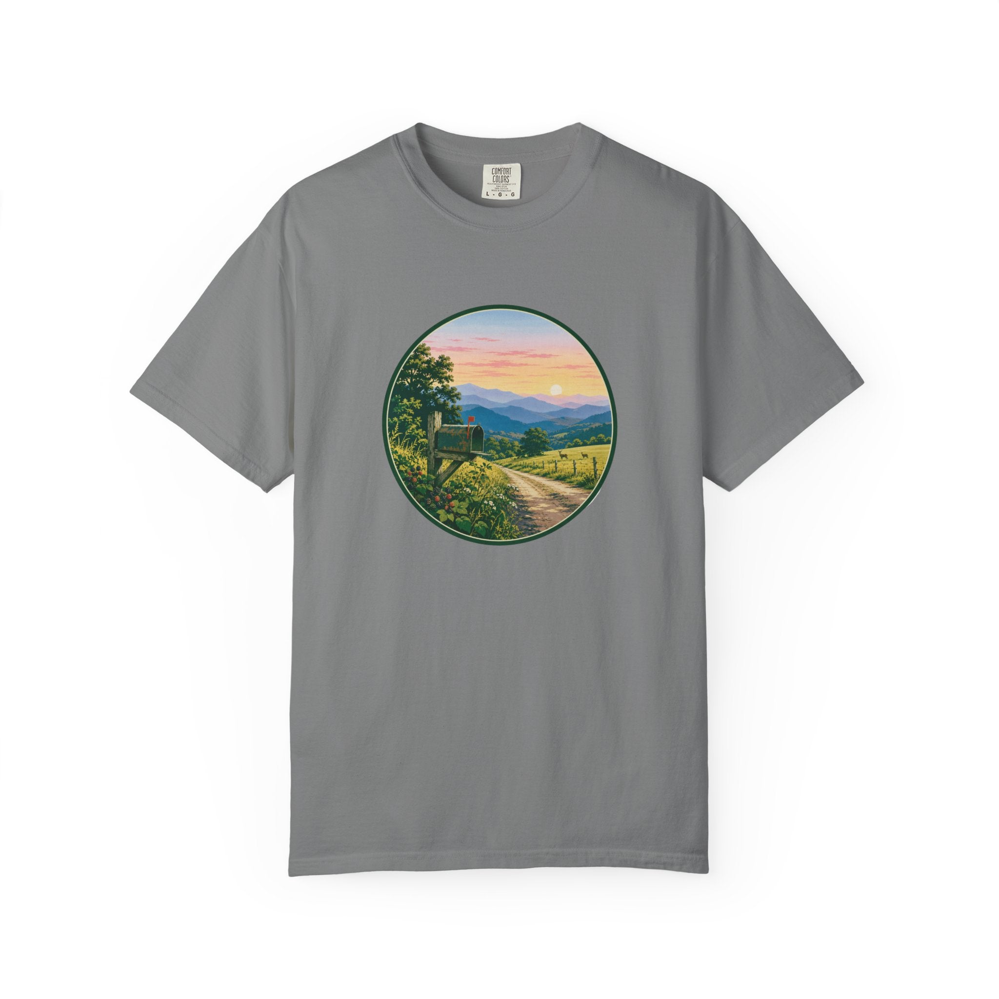 Scenic Backroad Sunset T-Shirt — Vintage Mailbox Circle Landscape Tee