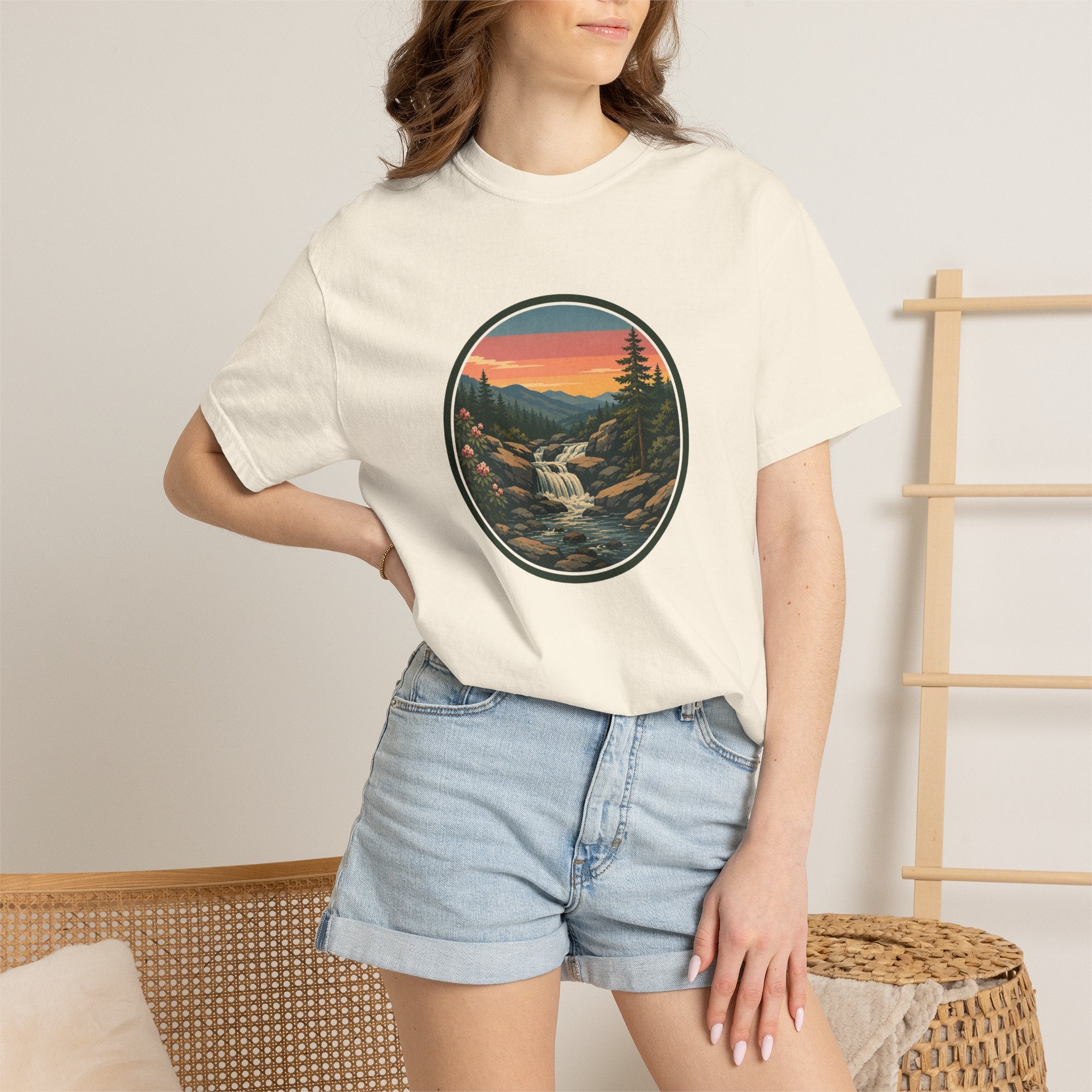 Scenic Waterfall T‑Shirt — Sunset Wilderness Nature Graphic