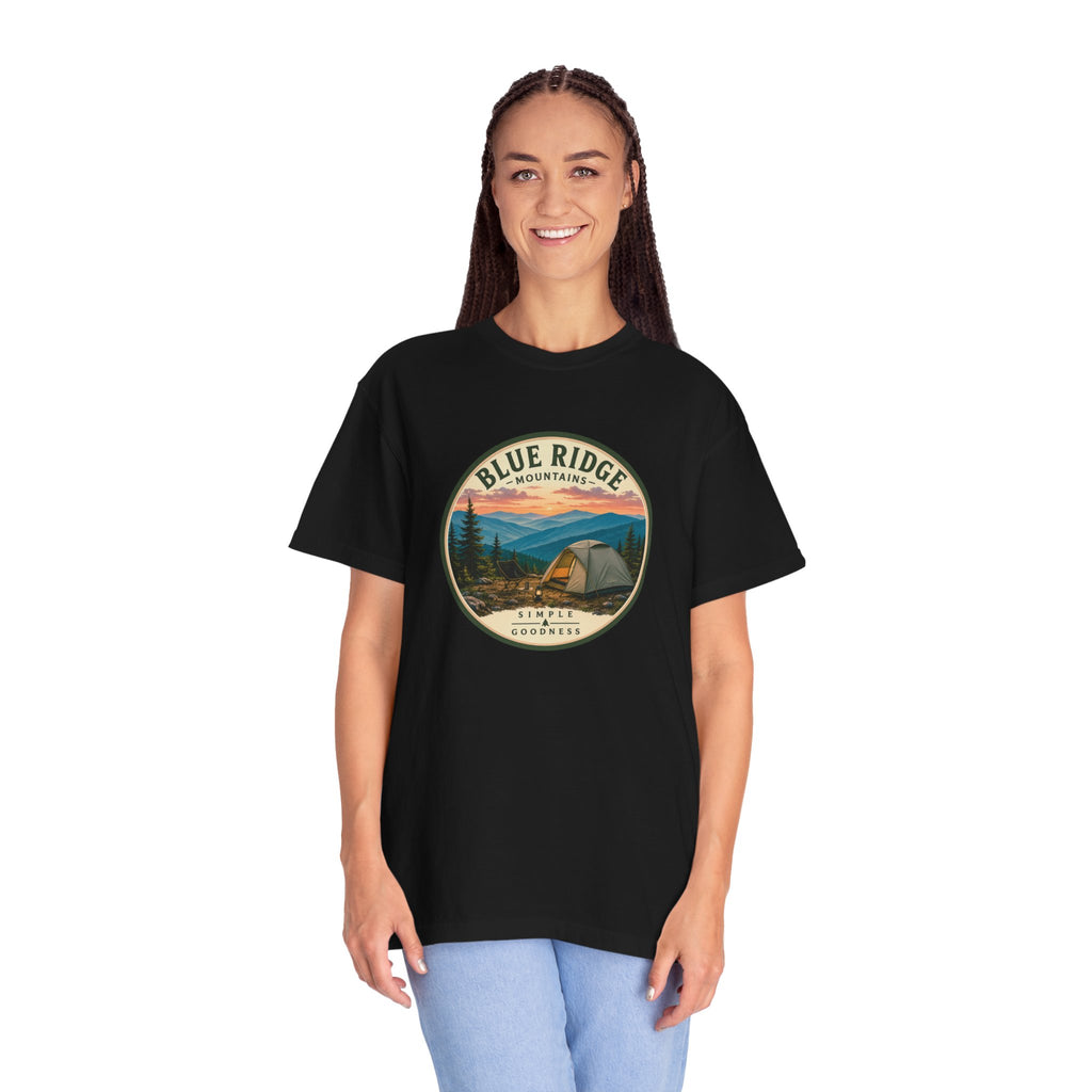 Blue Ridge Mountains Camping T-Shirt — Vintage Scenic Camp Graphic