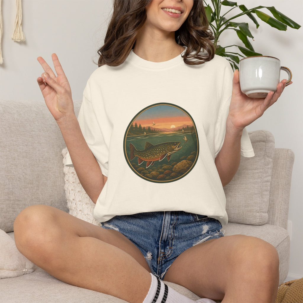 Brook Trout Sunset Fishing T-Shirt — Vintage River Scene Tee