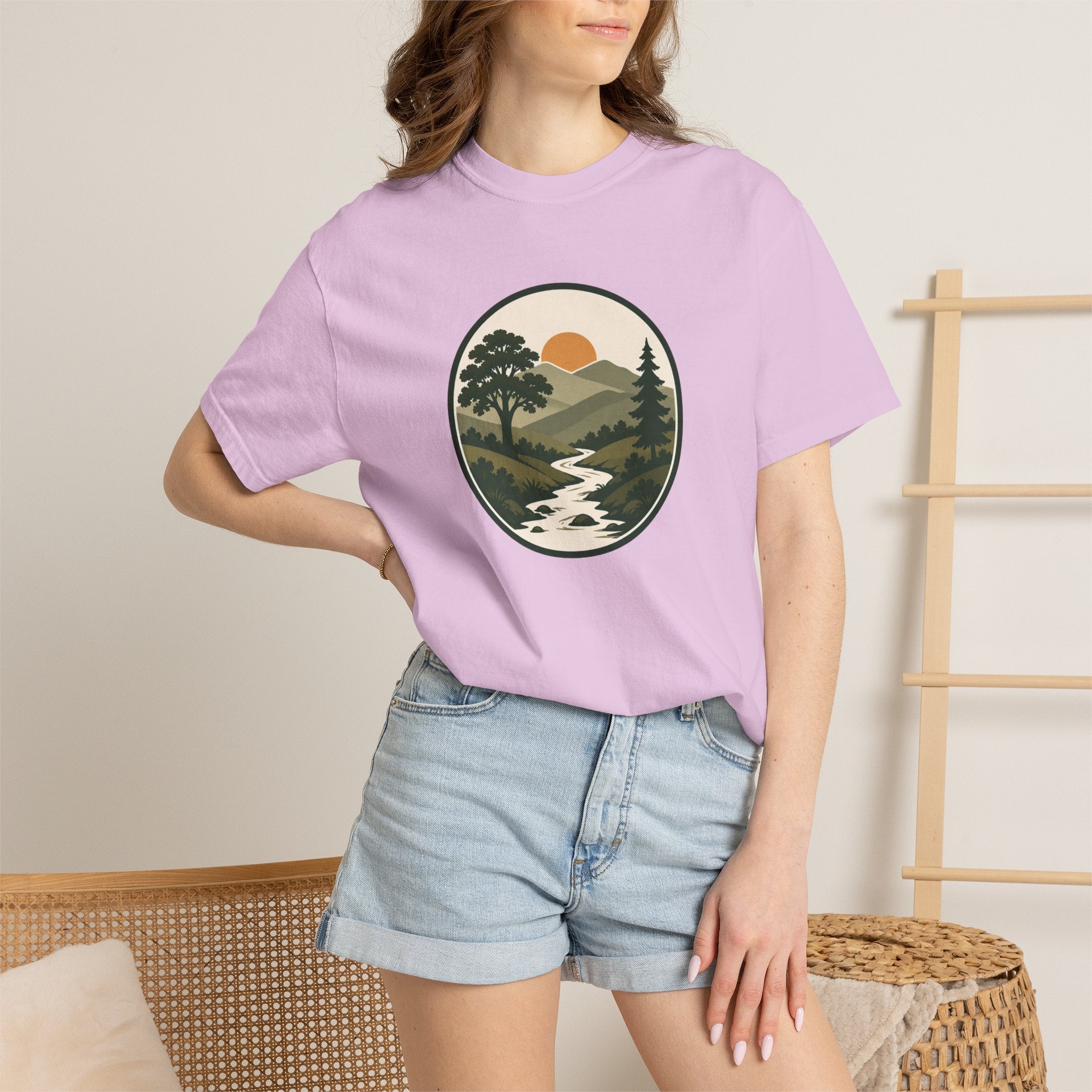 Simple Goodness Badge T-Shirt — Scenic Mountain Sunset River Design