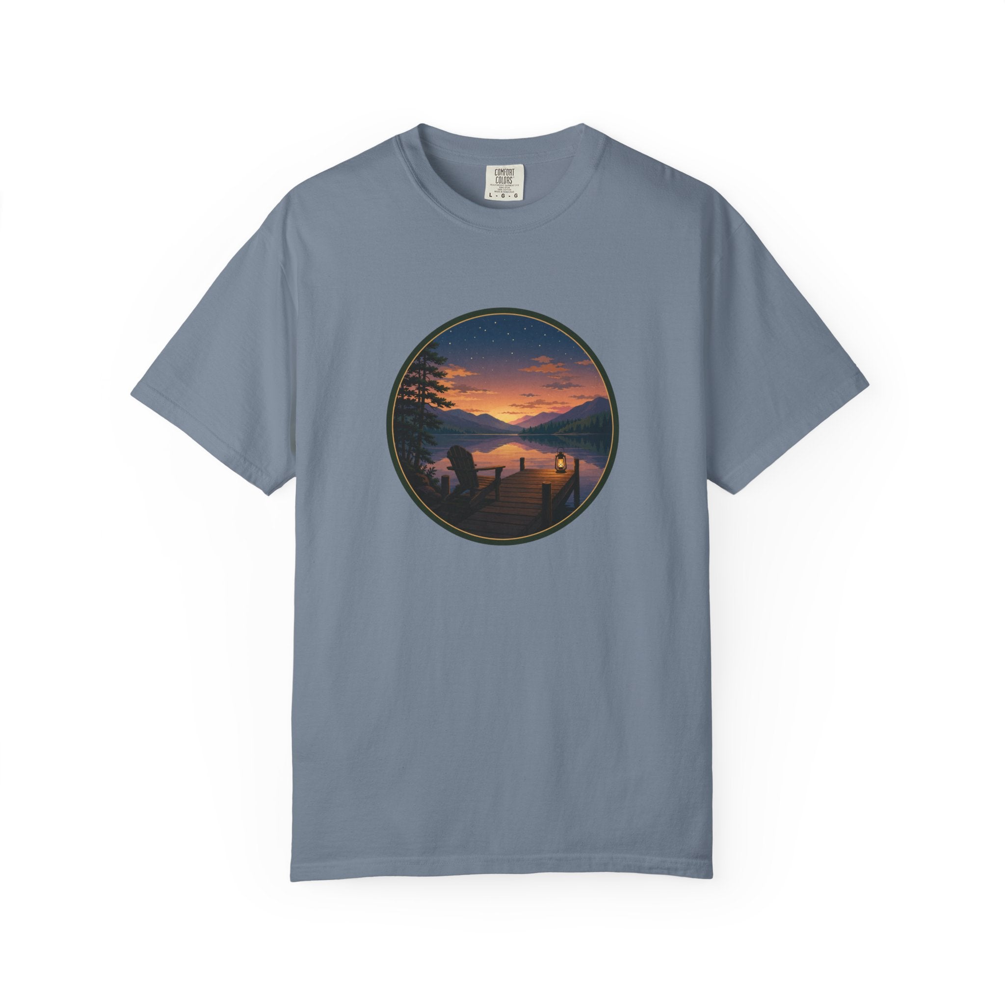 Sunset Lake Camping T-Shirt — Scenic Mountain Lantern Graphic