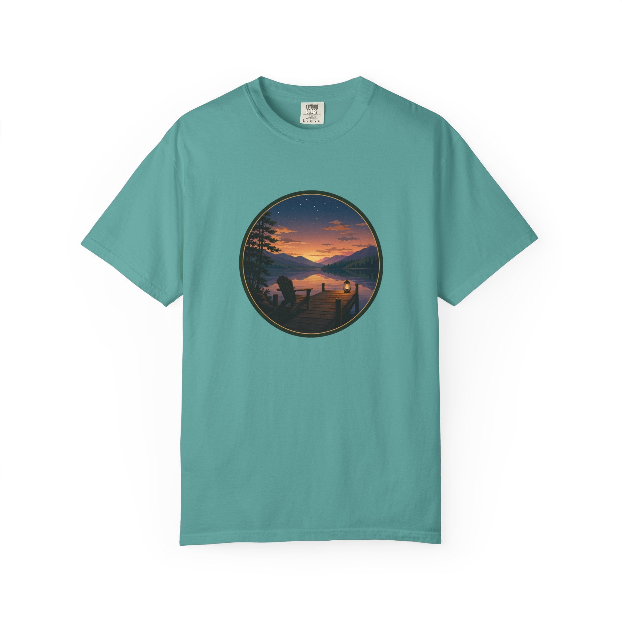 Sunset Lake Camping T-Shirt — Scenic Mountain Lantern Graphic