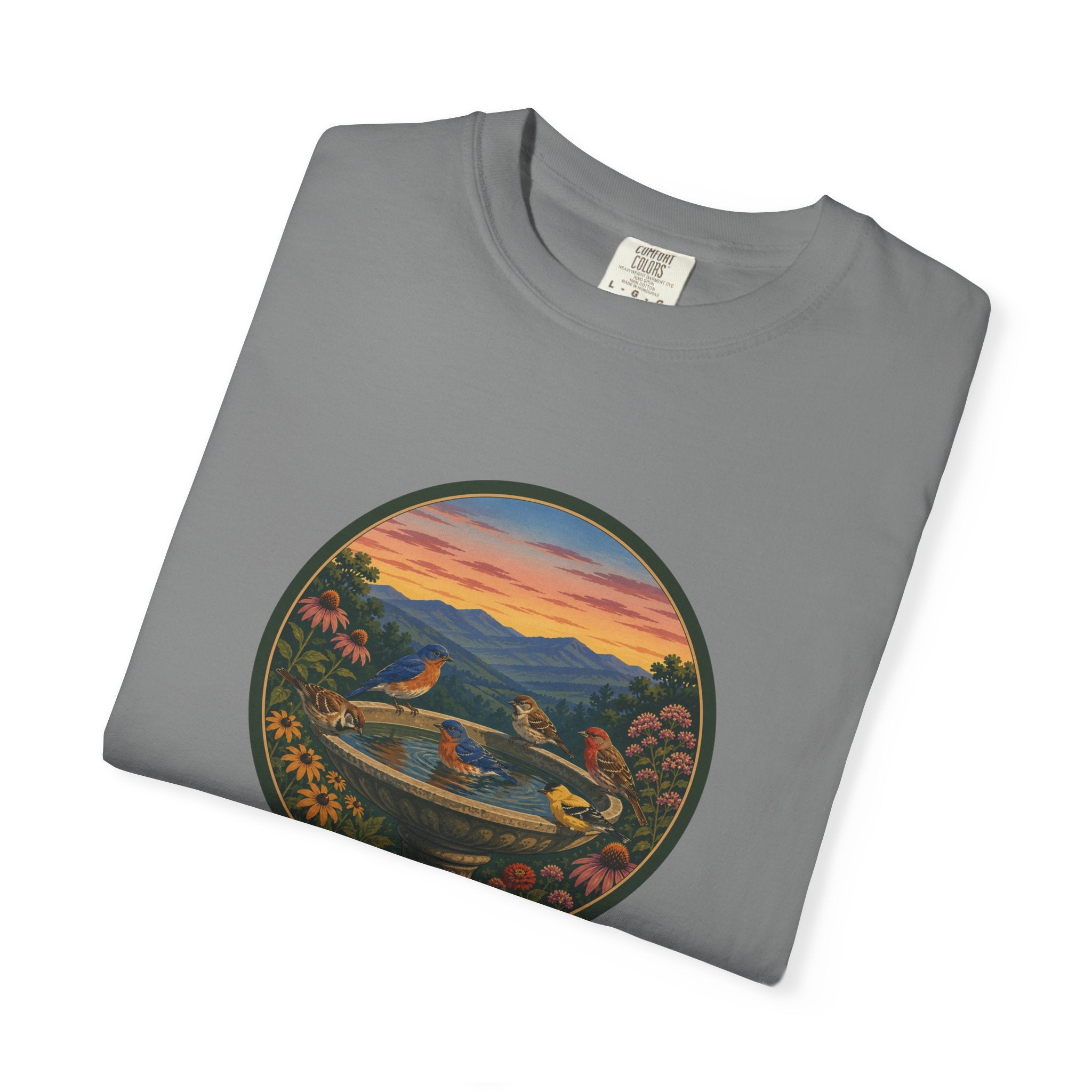 Sunset Garden Tee — Vintage Birdbath Landscape T-Shirt