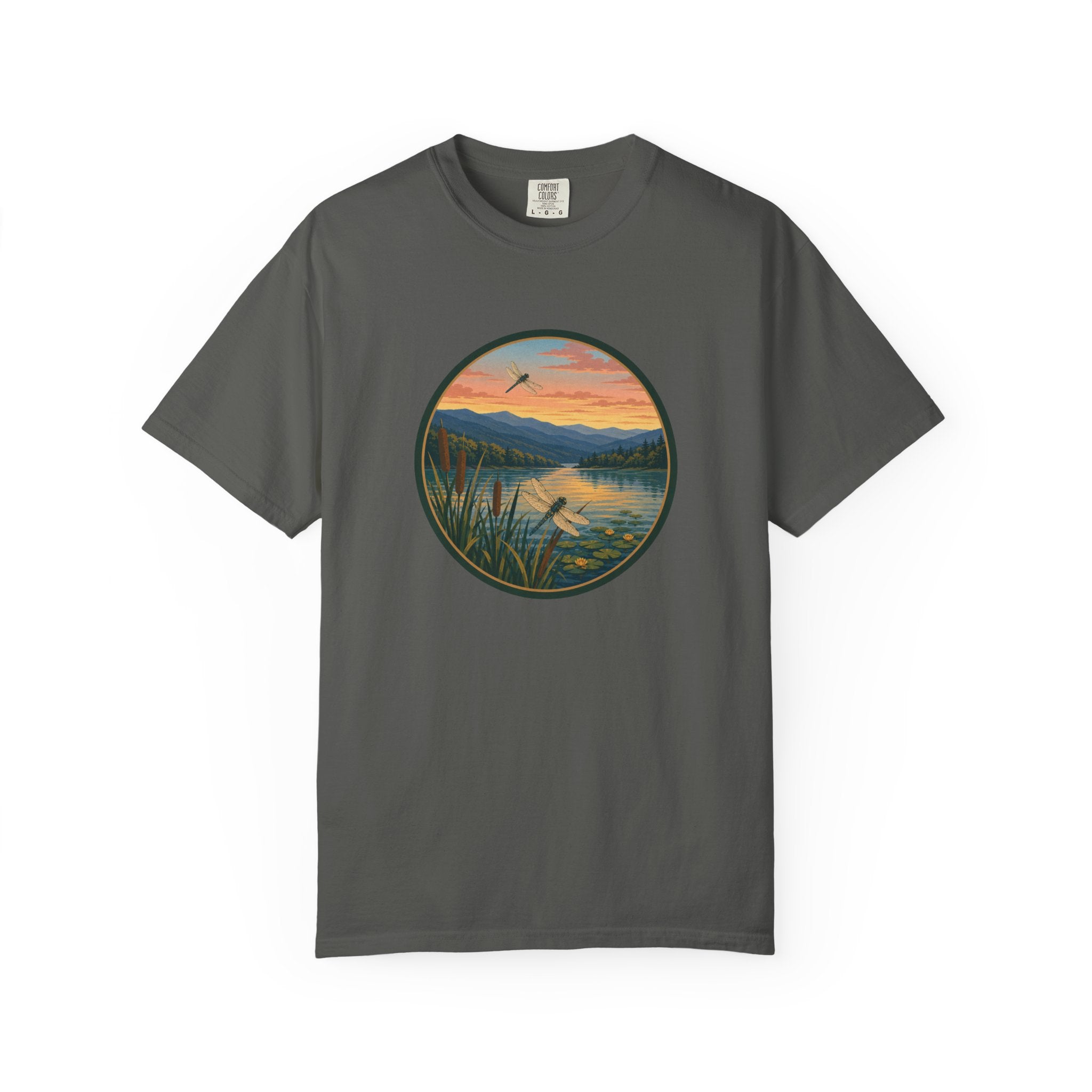 Dragonfly Sunset Lake Scene T-Shirt — Scenic Mountain Nature Tee