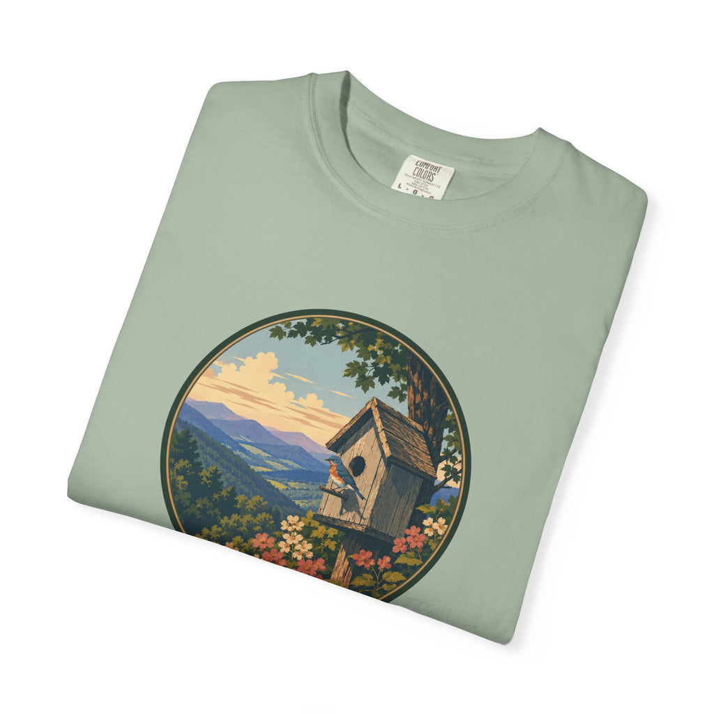 Scenic Birdhouse Tee — Mountain Sunrise Nature T-Shirt