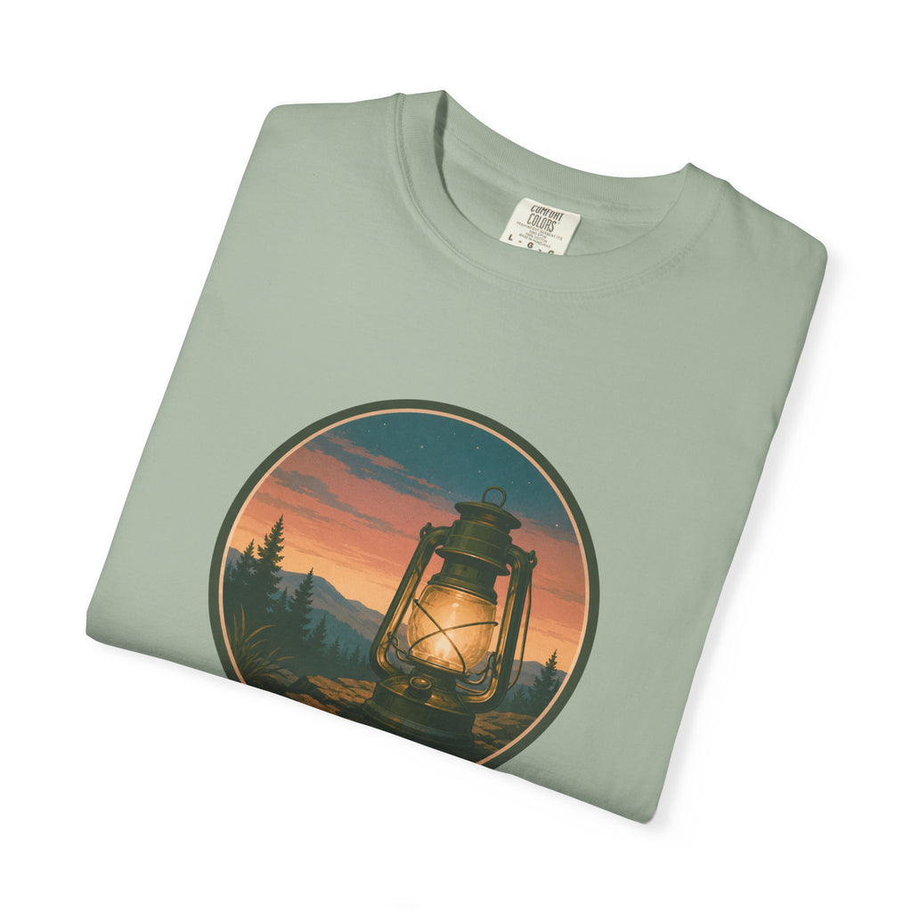 Lantern Sunset T-Shirt — Vintage Campfire Night Graphic Tee