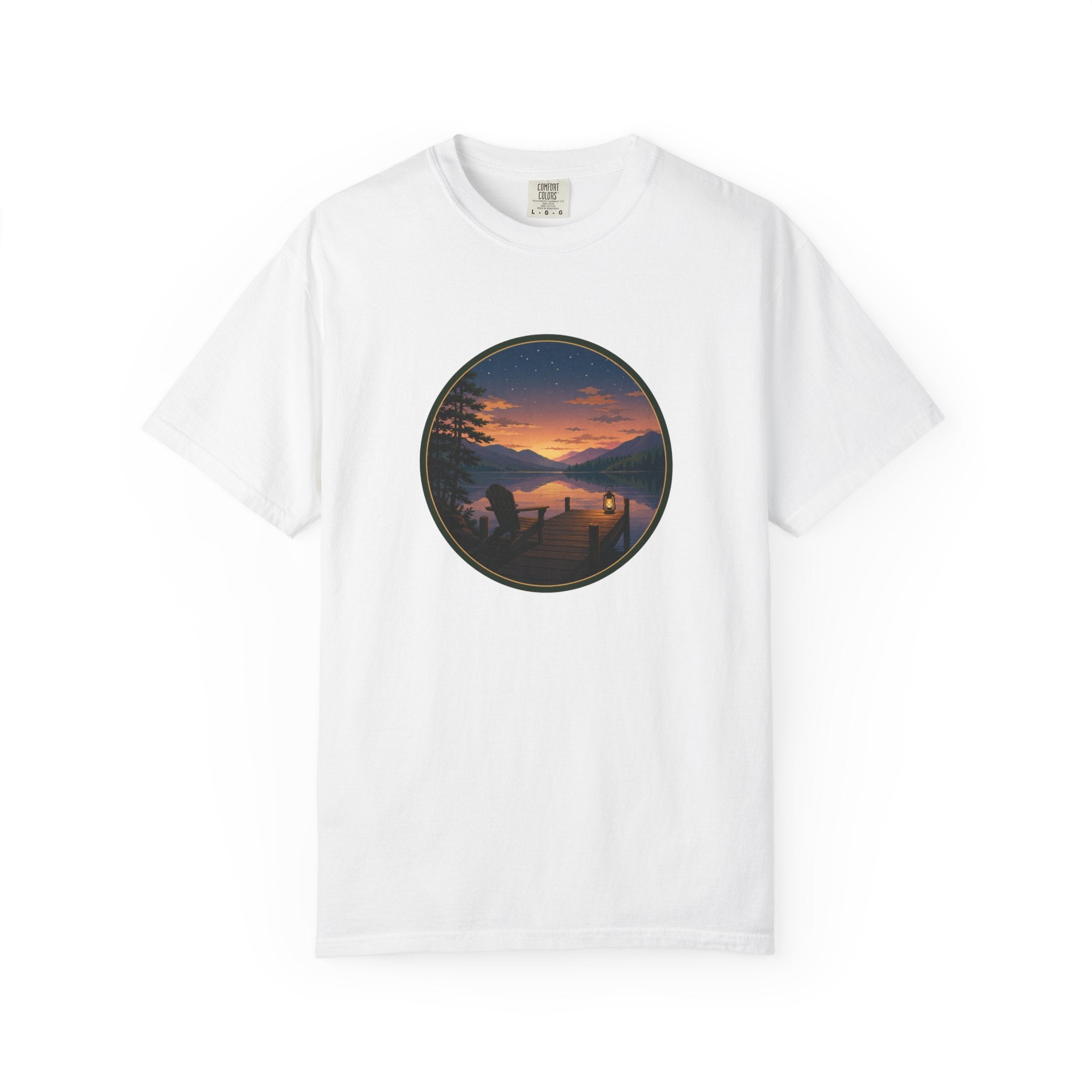 Sunset Lake Camping T-Shirt — Scenic Mountain Lantern Graphic