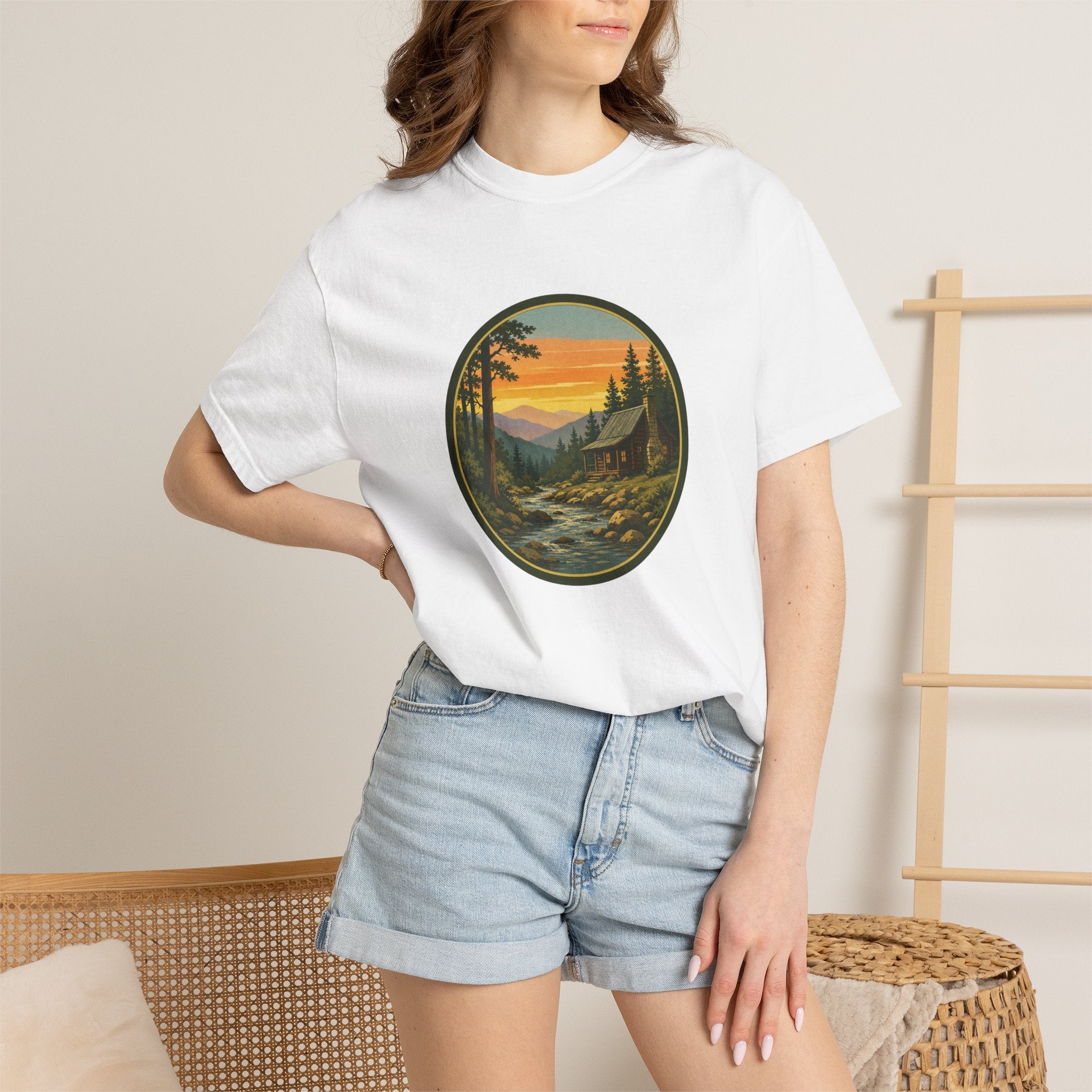 Nature Sunset River T-Shirt — Vintage Mountain Cabin Scenic Tee