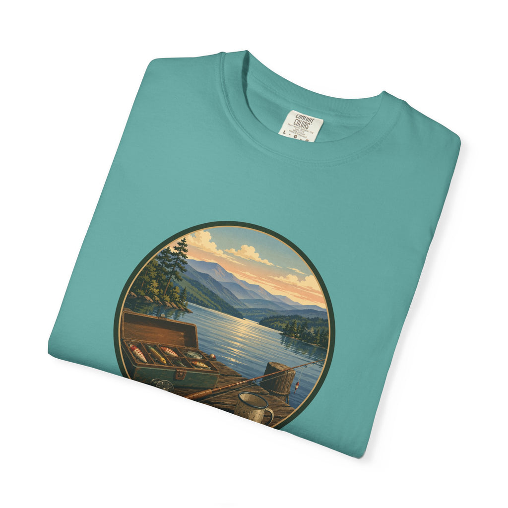 Vintage Fishing Tackle T-Shirt — Mountain View Dock Scene Tee