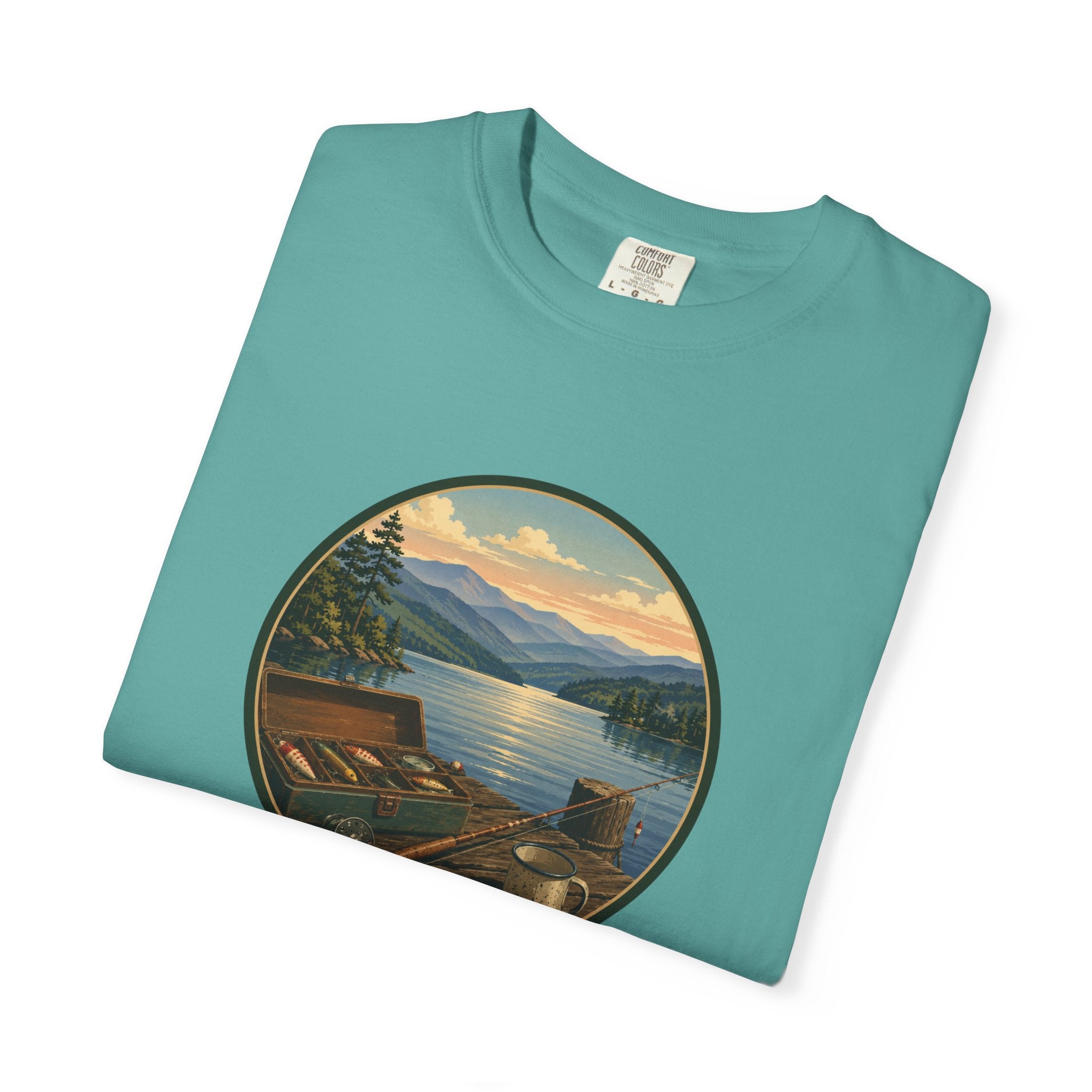 Vintage Fishing Tackle T-Shirt — Mountain View Dock Scene Tee