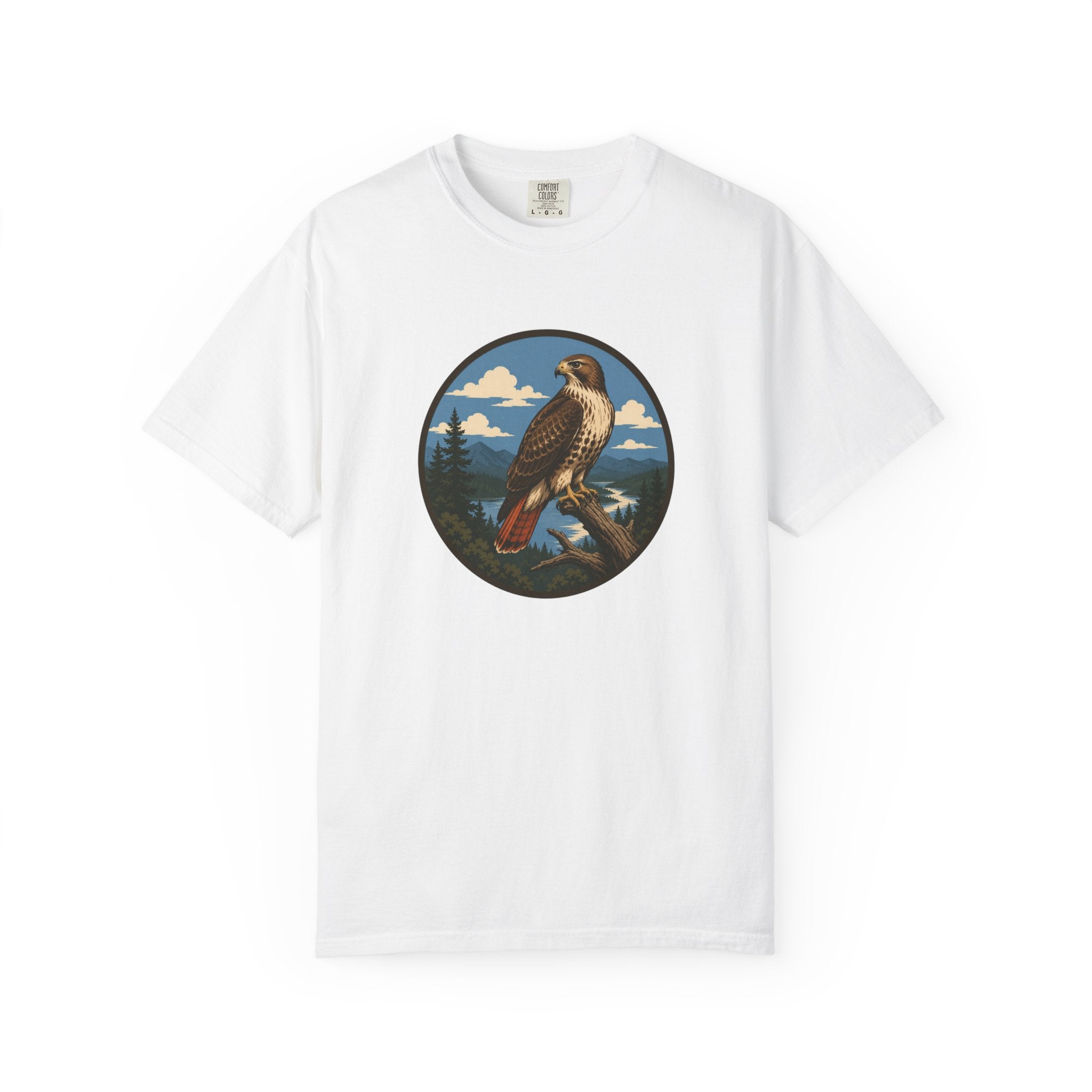 Red-Tail Hawk Mountain Circle T-Shirt — Vintage Hawk Nature Graphic Tee