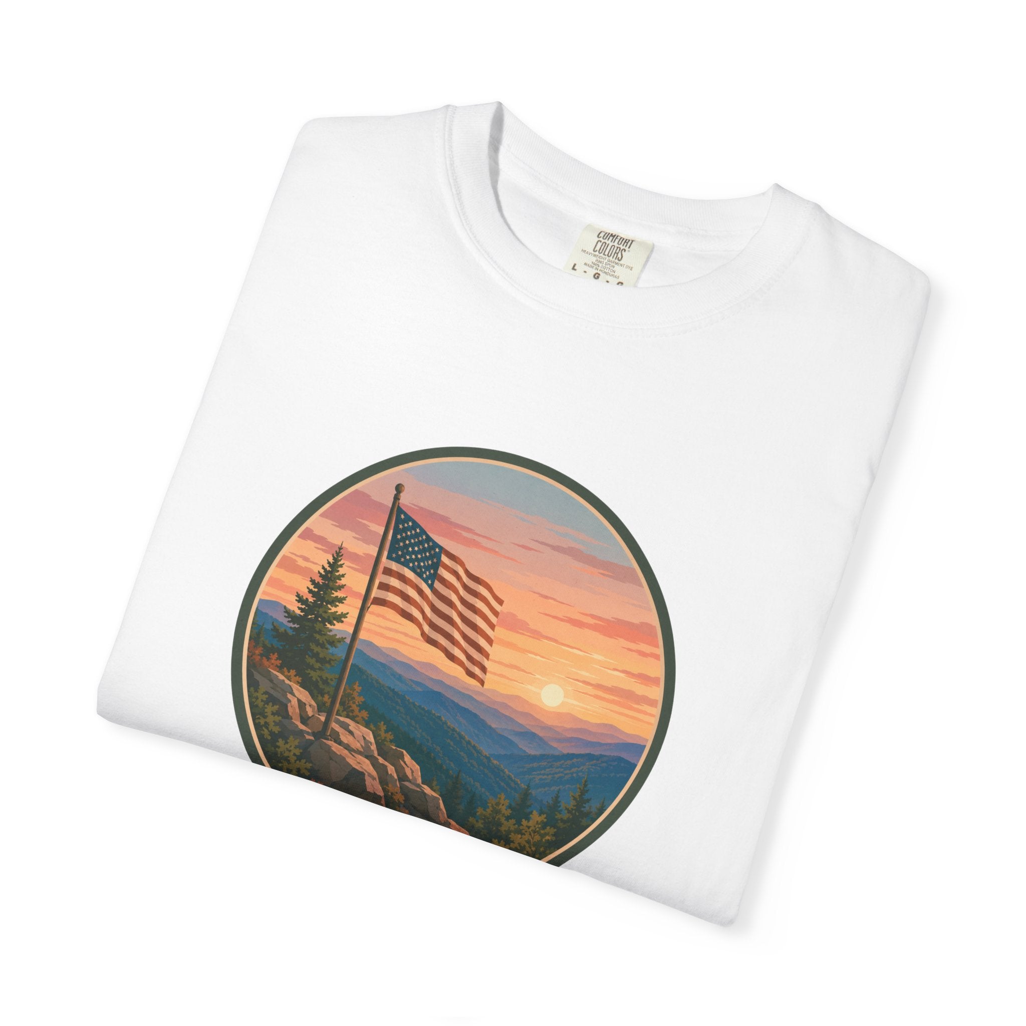 Flag Over Blue Ridge Mountains T-Shirt — Scenic Sunset American Flag Graphic Tee