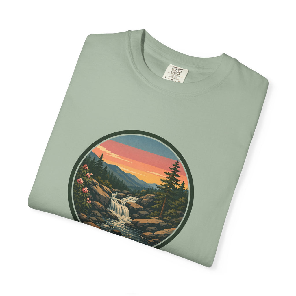 Scenic Waterfall T‑Shirt — Sunset Wilderness Nature Graphic