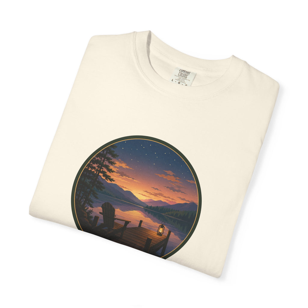 Sunset Lake Camping T-Shirt — Scenic Mountain Lantern Graphic