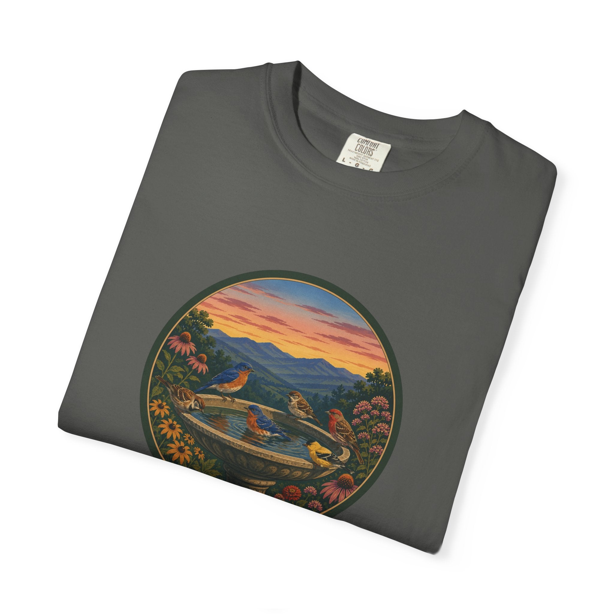 Sunset Garden Tee — Vintage Birdbath Landscape T-Shirt