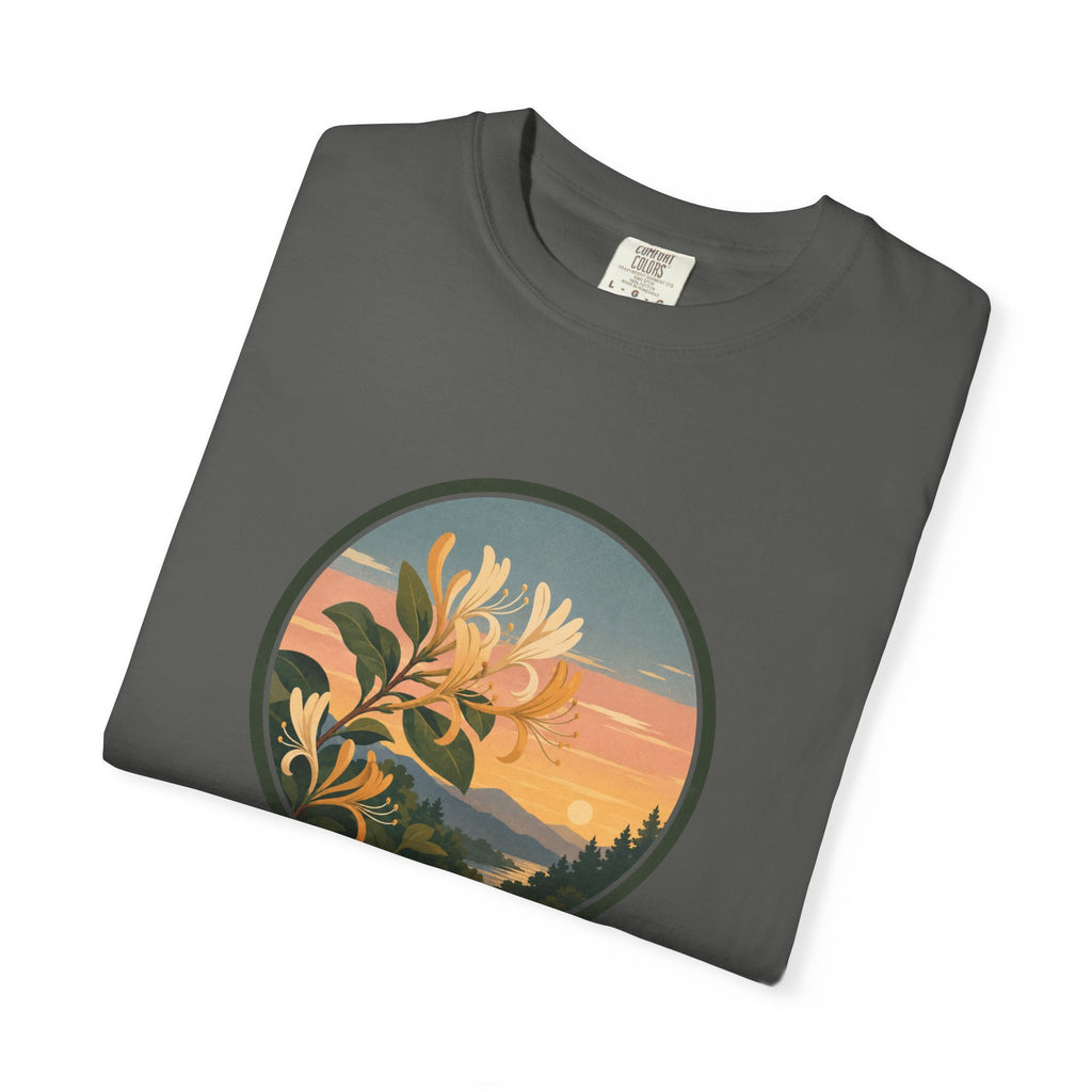 Sunset Honeysuckle T-Shirt — Floral Sunset Circle Graphic Tee