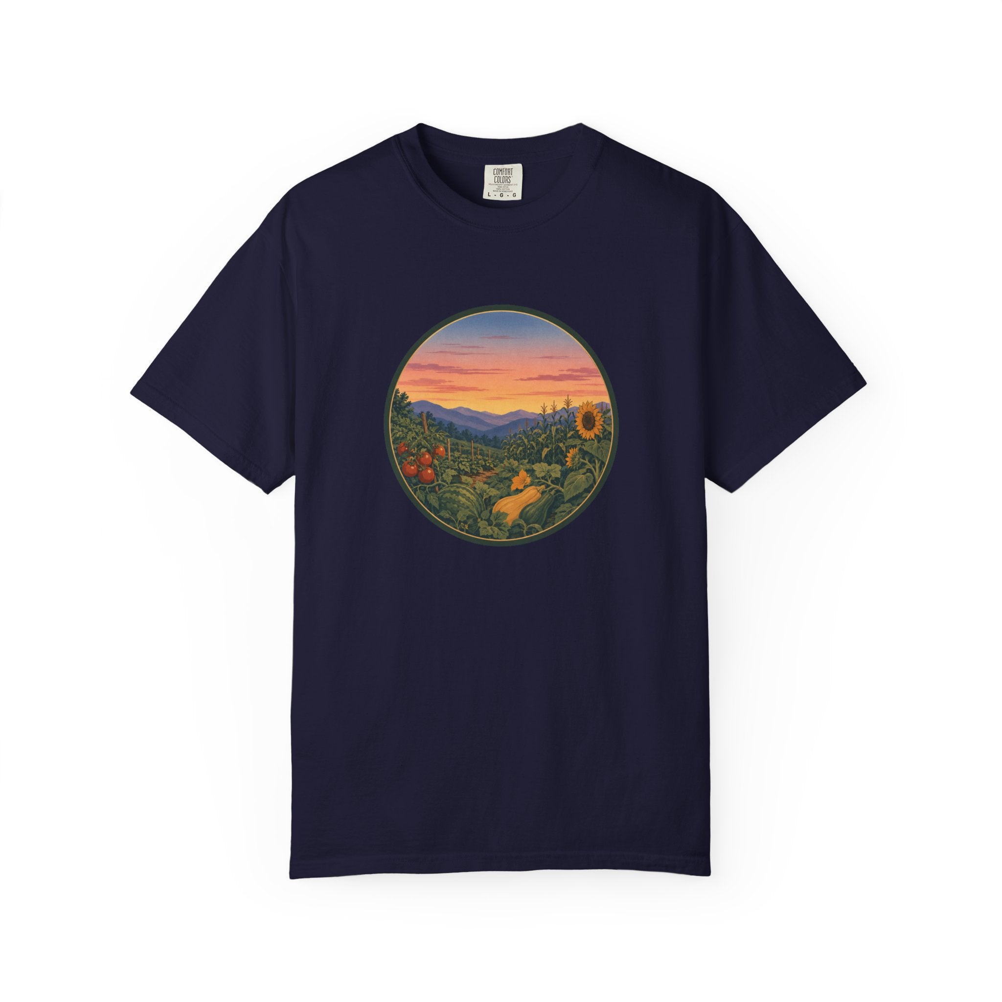 Sunset Mountain Garden T-Shirt — Scenic Fresh Vegetables Landscape Tee