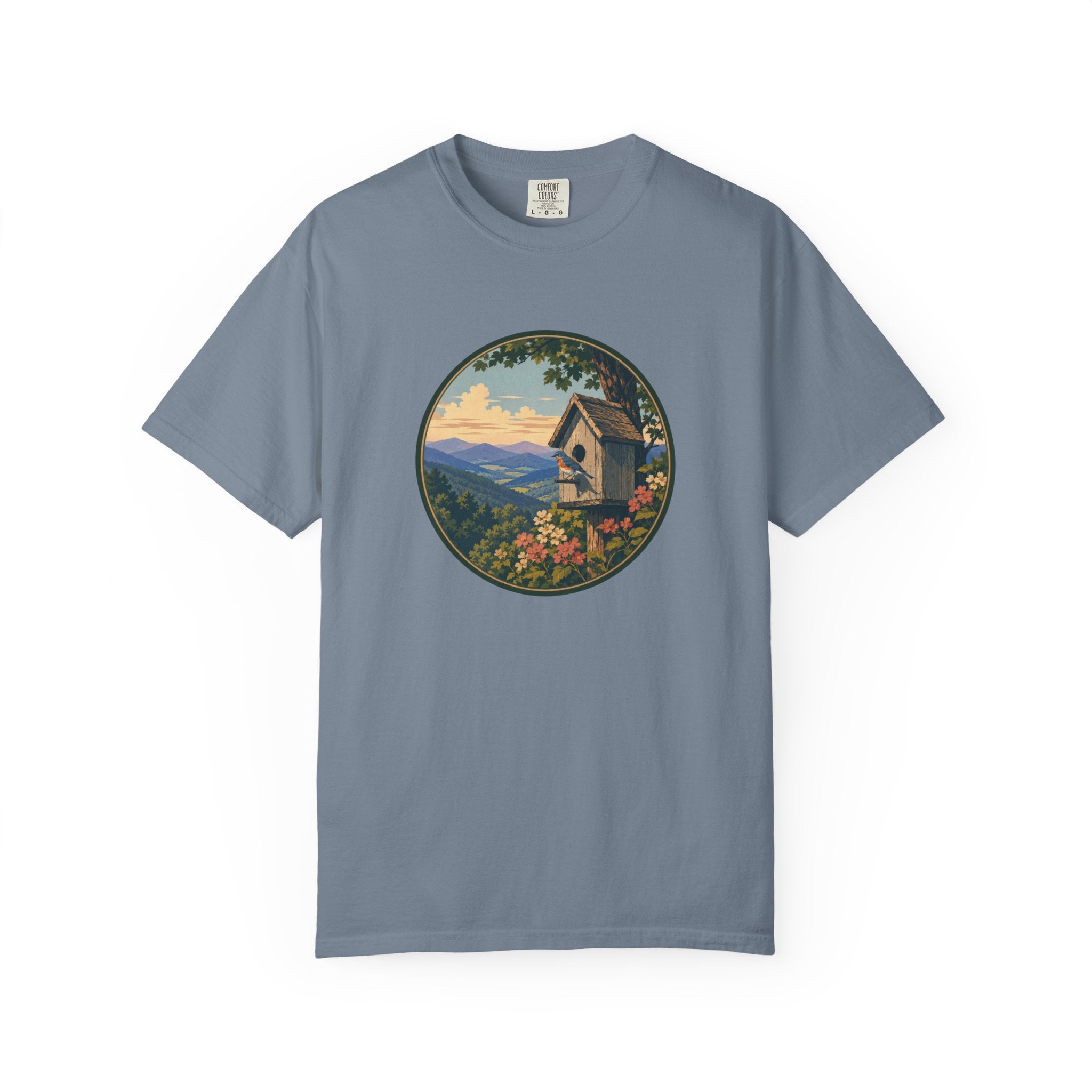 Scenic Birdhouse Tee — Mountain Sunrise Nature T-Shirt