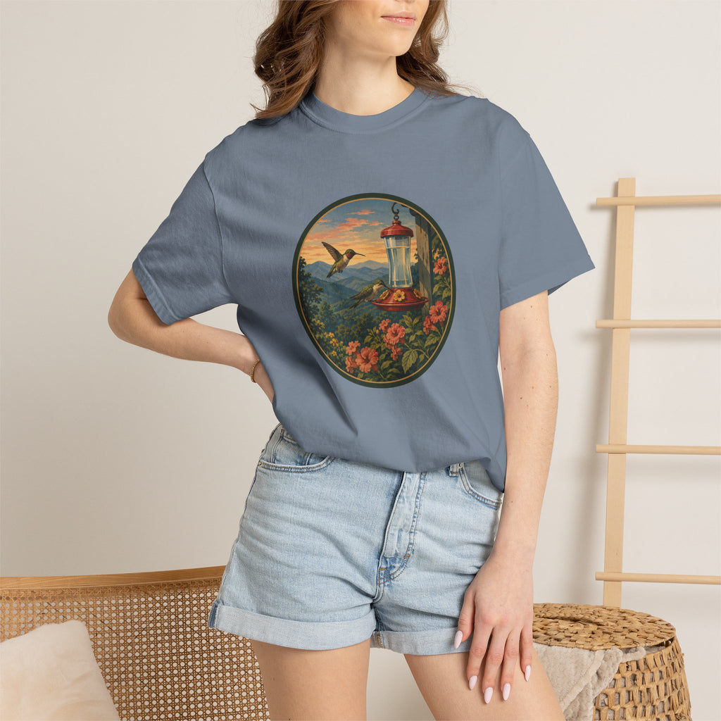 Hummingbird Sunset T-Shirt — Vintage Floral Graphic Tee