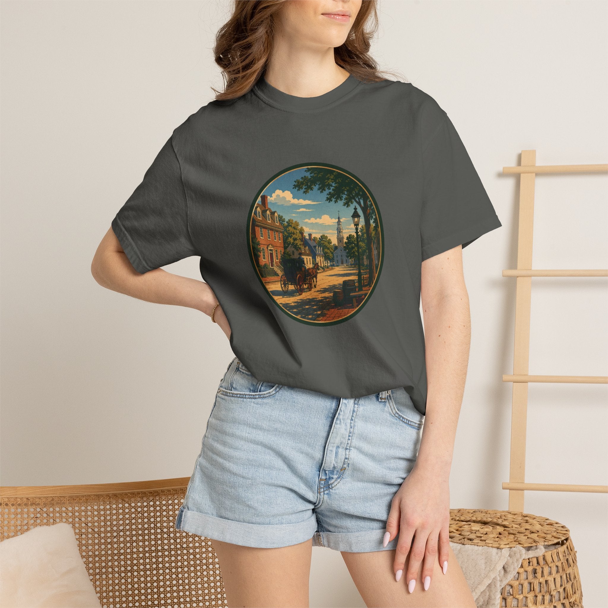 Colonial Carriage Ride T-Shirt — Retro Scenic Circle Print