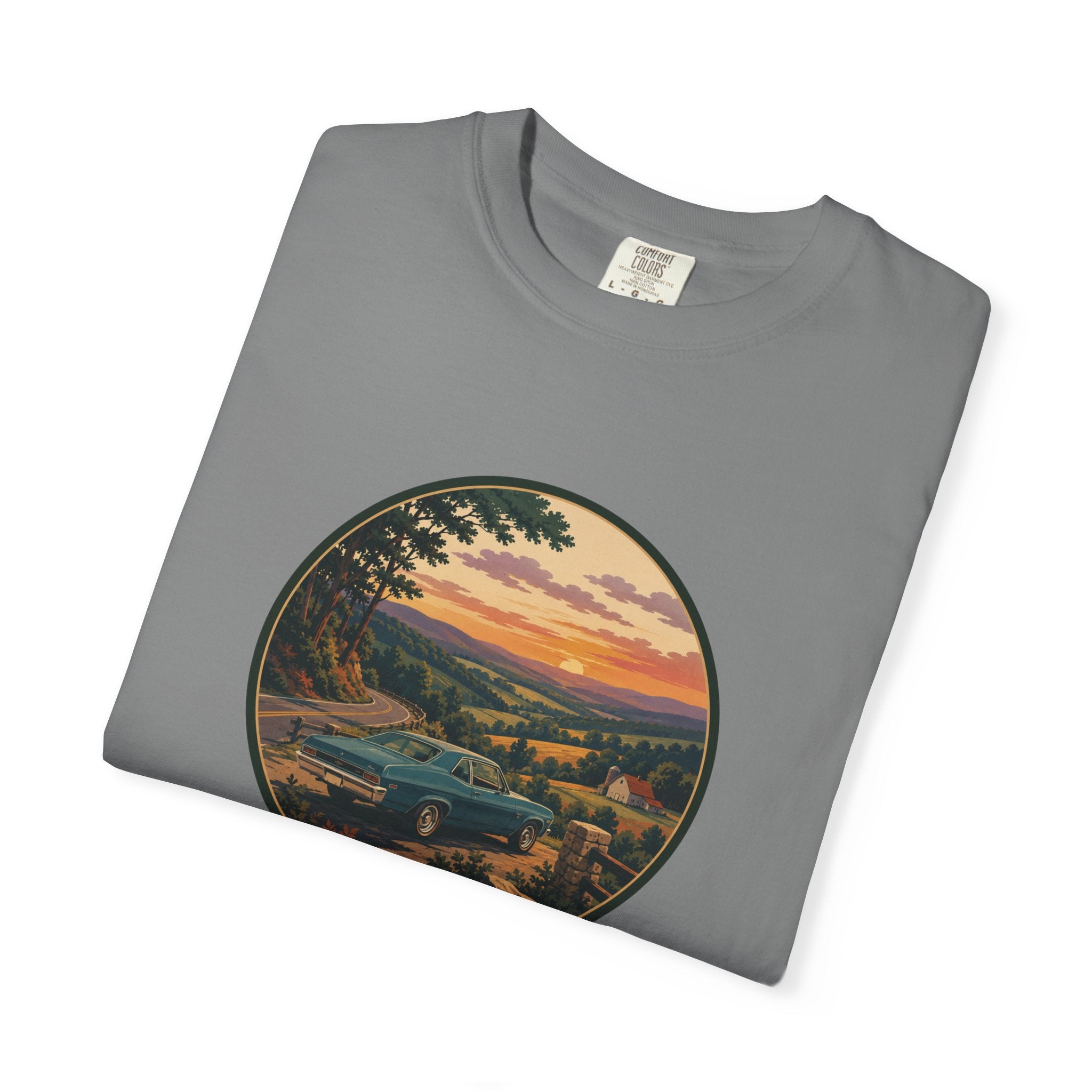 Sunset Valley Classic Car Landscape T-Shirt