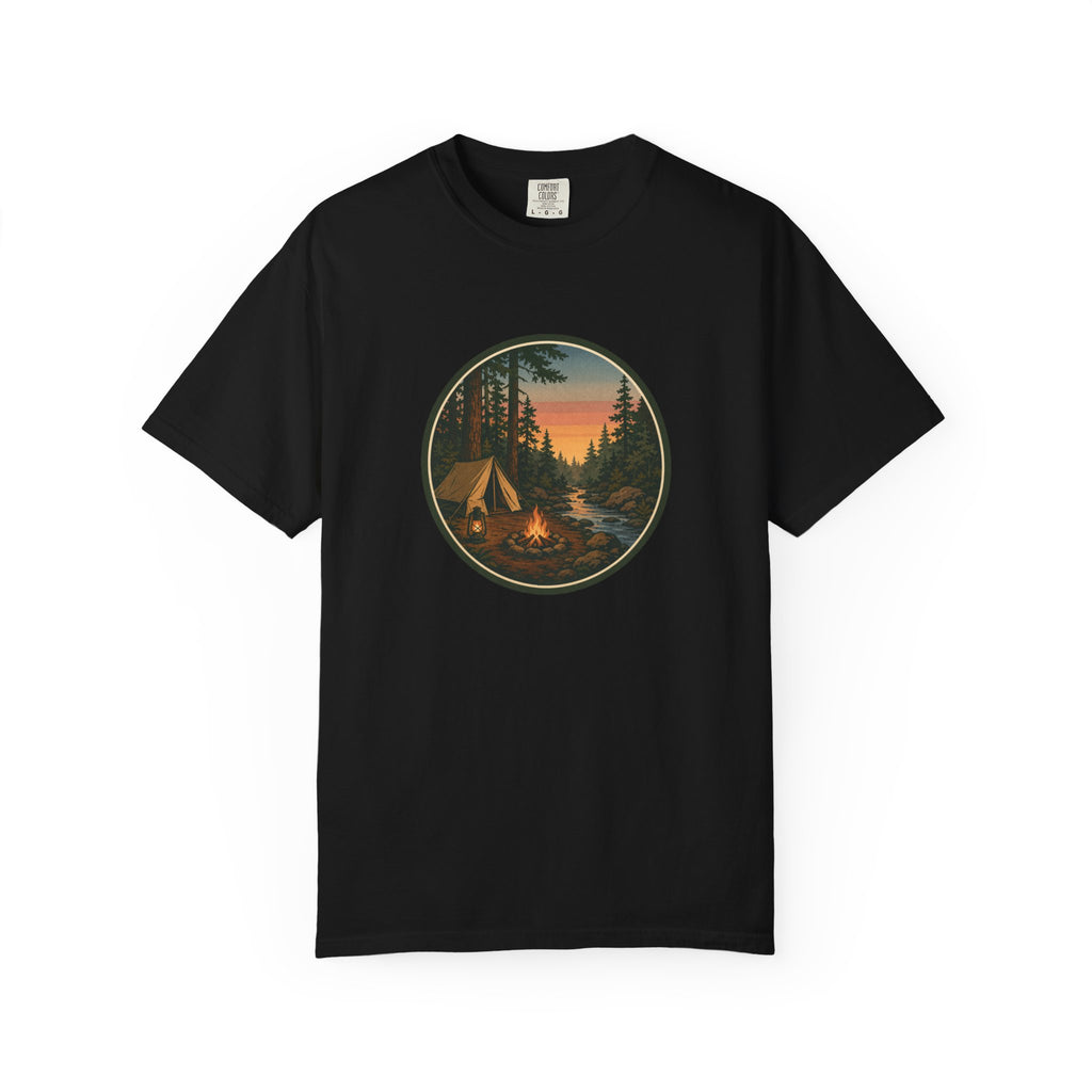 Camping Sunset T-Shirt — Vintage Tent & Campfire Graphic