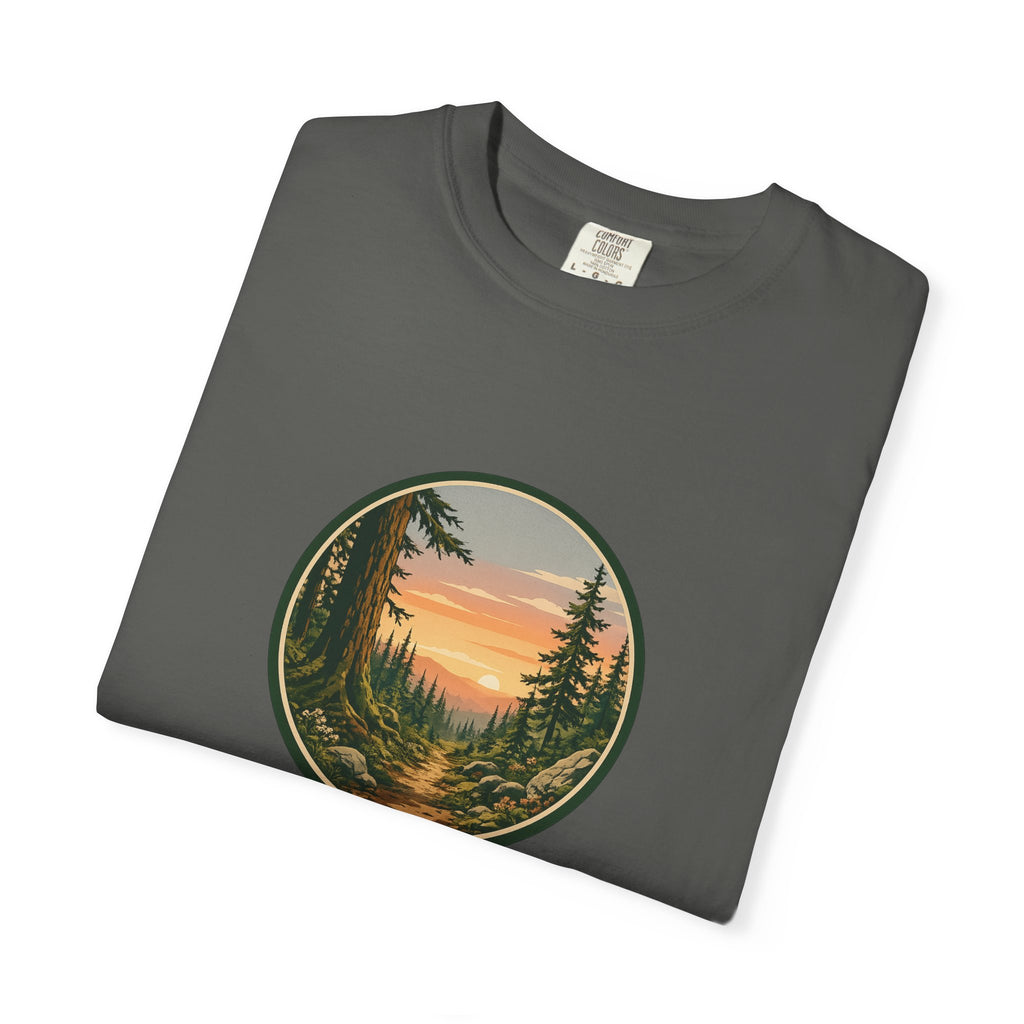 Sunset Hiking Trail Circle T-Shirt — Scenic Mountain Trail Tee