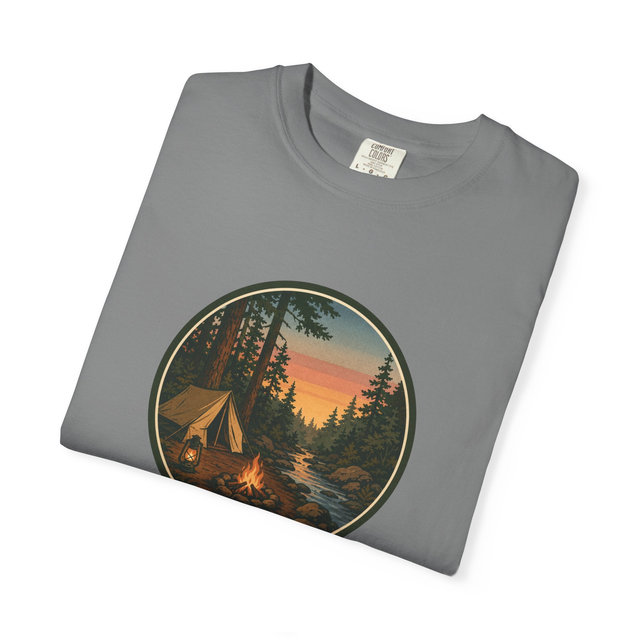 Camping Sunset T-Shirt — Vintage Tent & Campfire Graphic