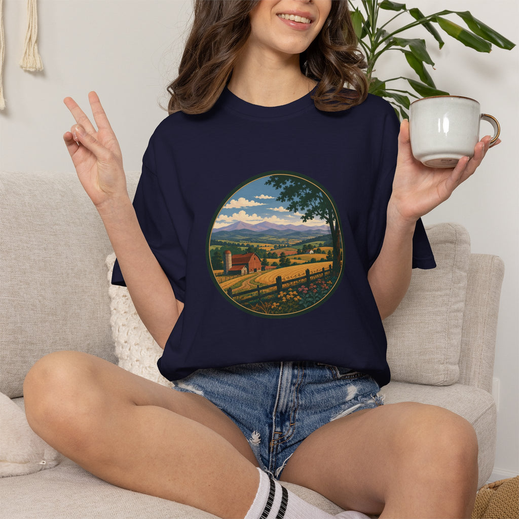 Scenic Countryside T-Shirt — Vintage Farm Landscape Graphic