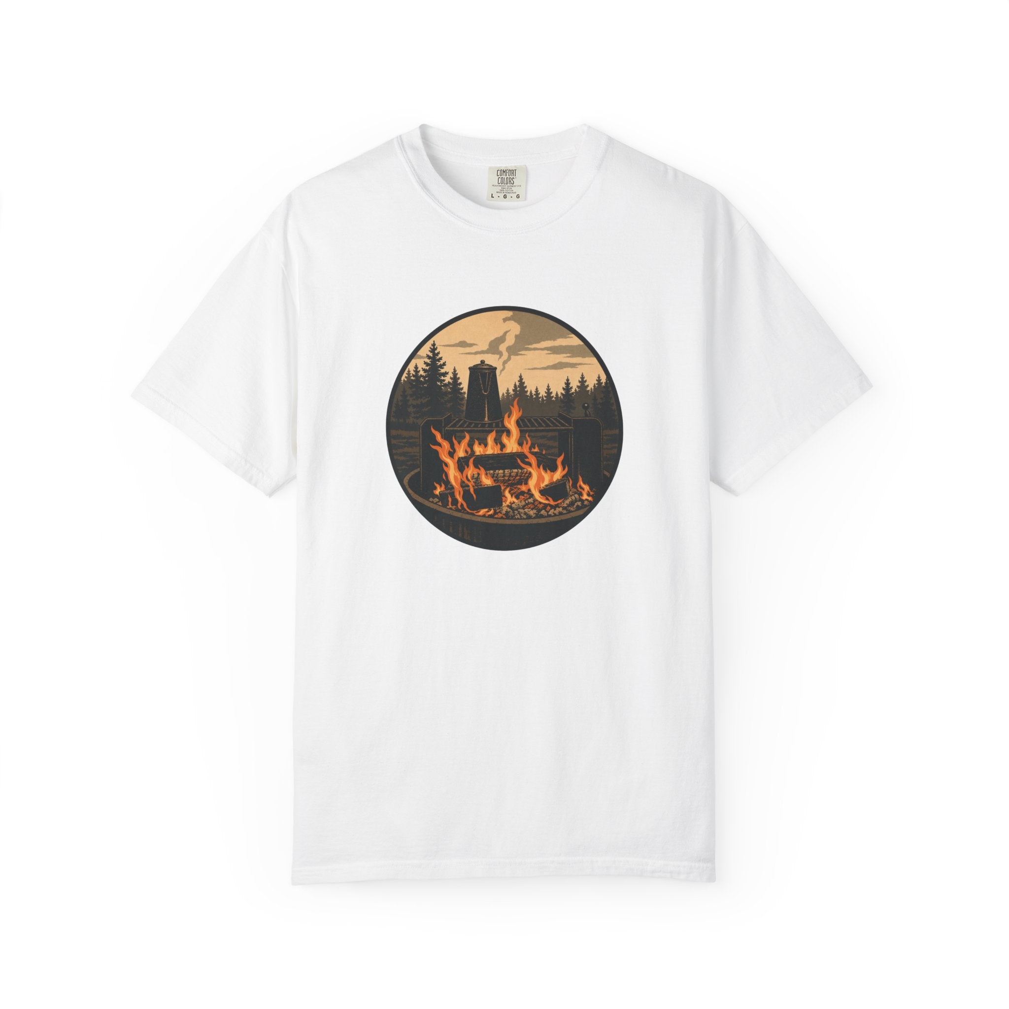 Campfire Forest T-Shirt — Retro Mountain Bonfire Graphic