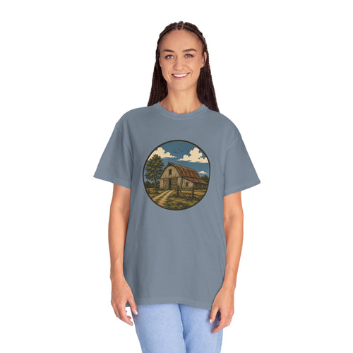 Barn Scene T-Shirt — Rustic Farmhouse Circle Graphic Tee