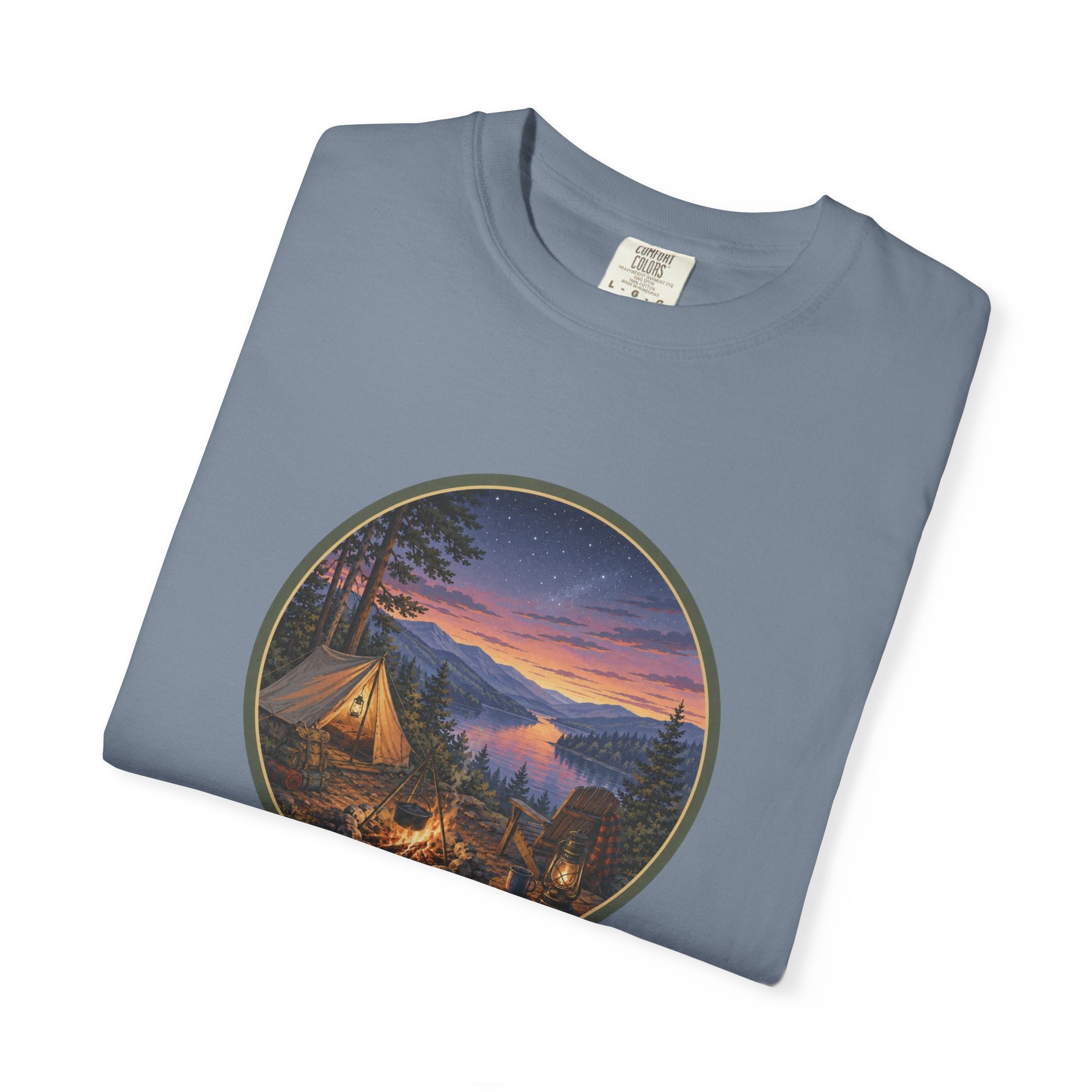 Camping Sunset T-Shirt — Riverside Campfire Night Scene