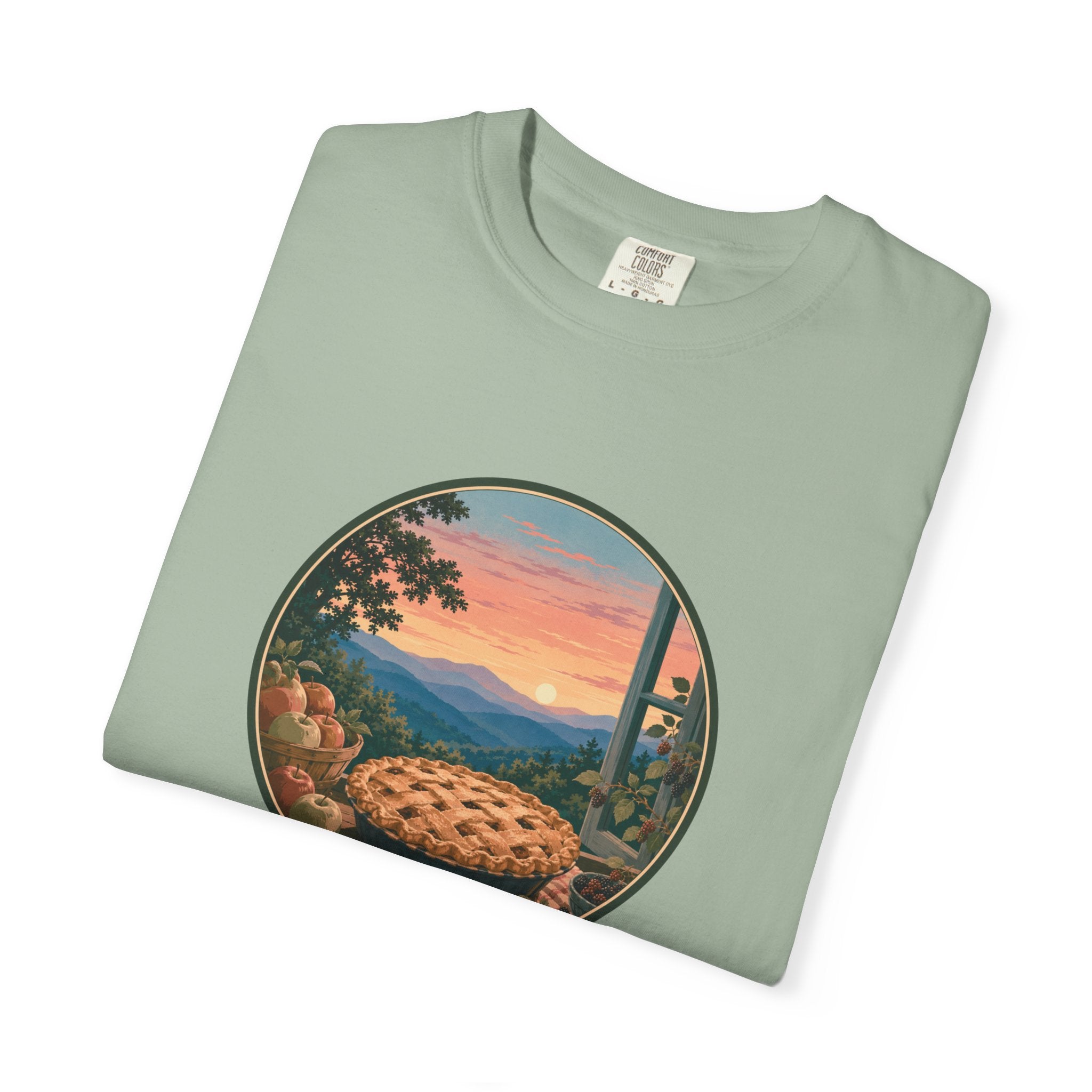 Scenic Pie Window T-Shirt — Sunset Mountain View Graphic Tee