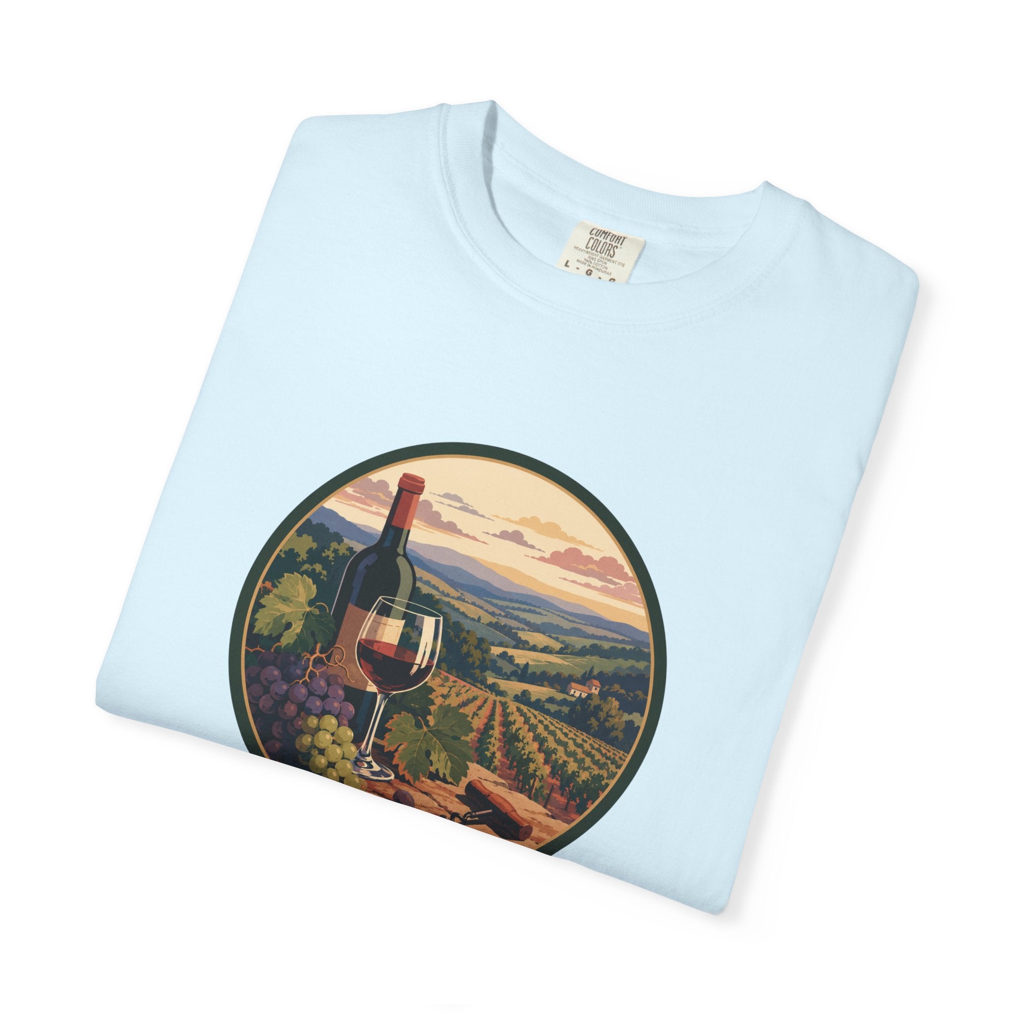 Wine Country Scenic T-Shirt – Vineyard Bottle & Sunset Graphic