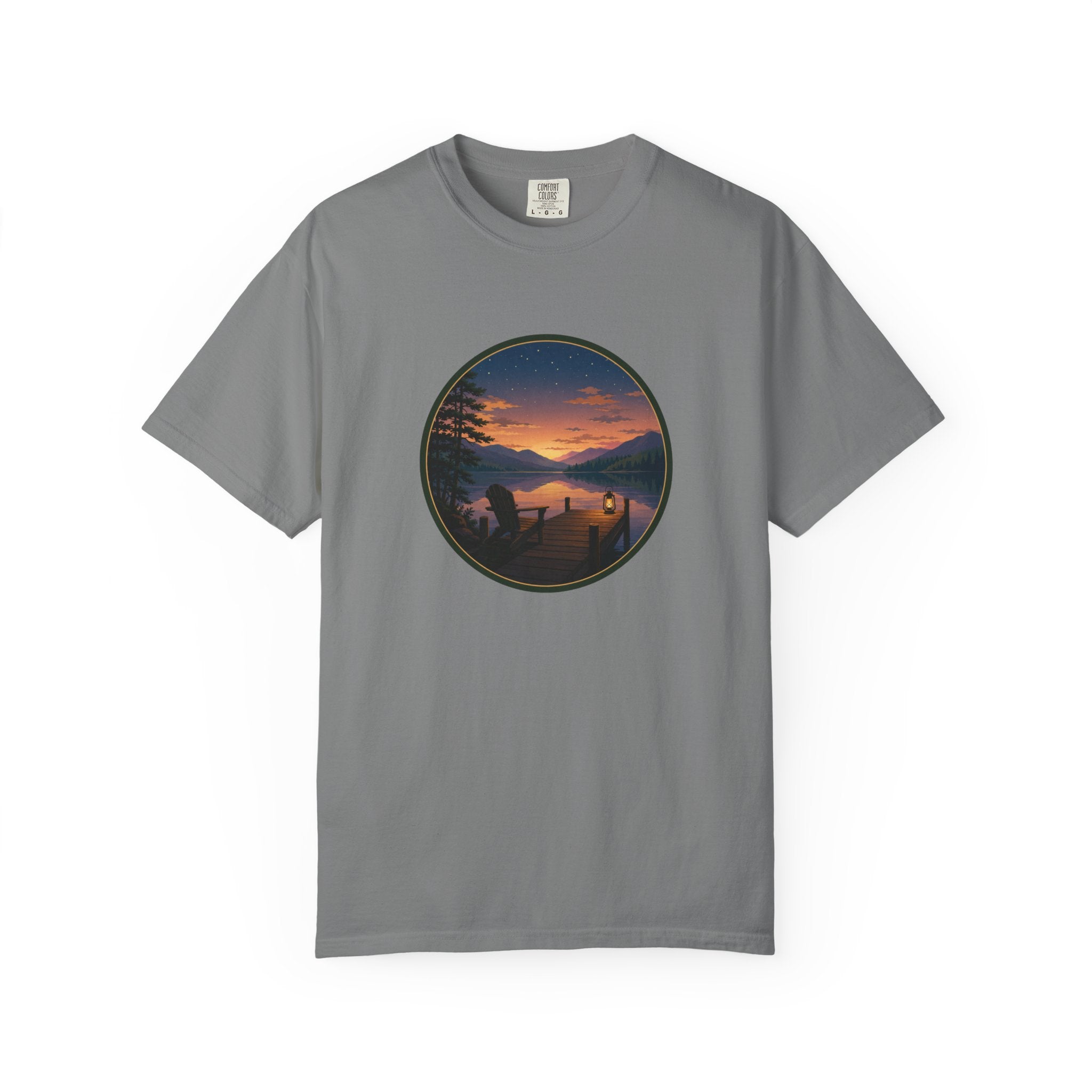 Sunset Lake Camping T-Shirt — Scenic Mountain Lantern Graphic