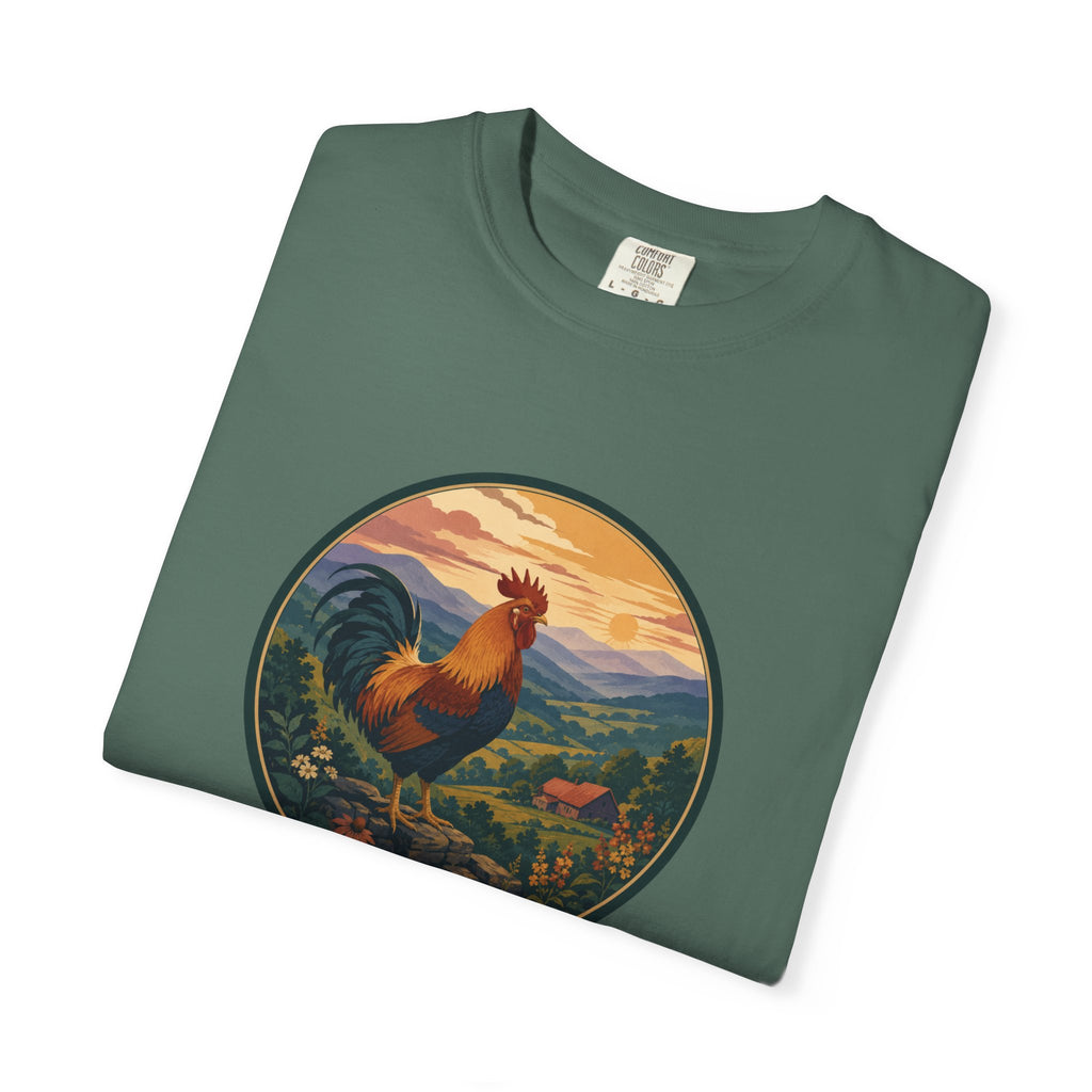 Blue Ridge Rooster Sunrise T-Shirt — Vintage Farm Scene Tee