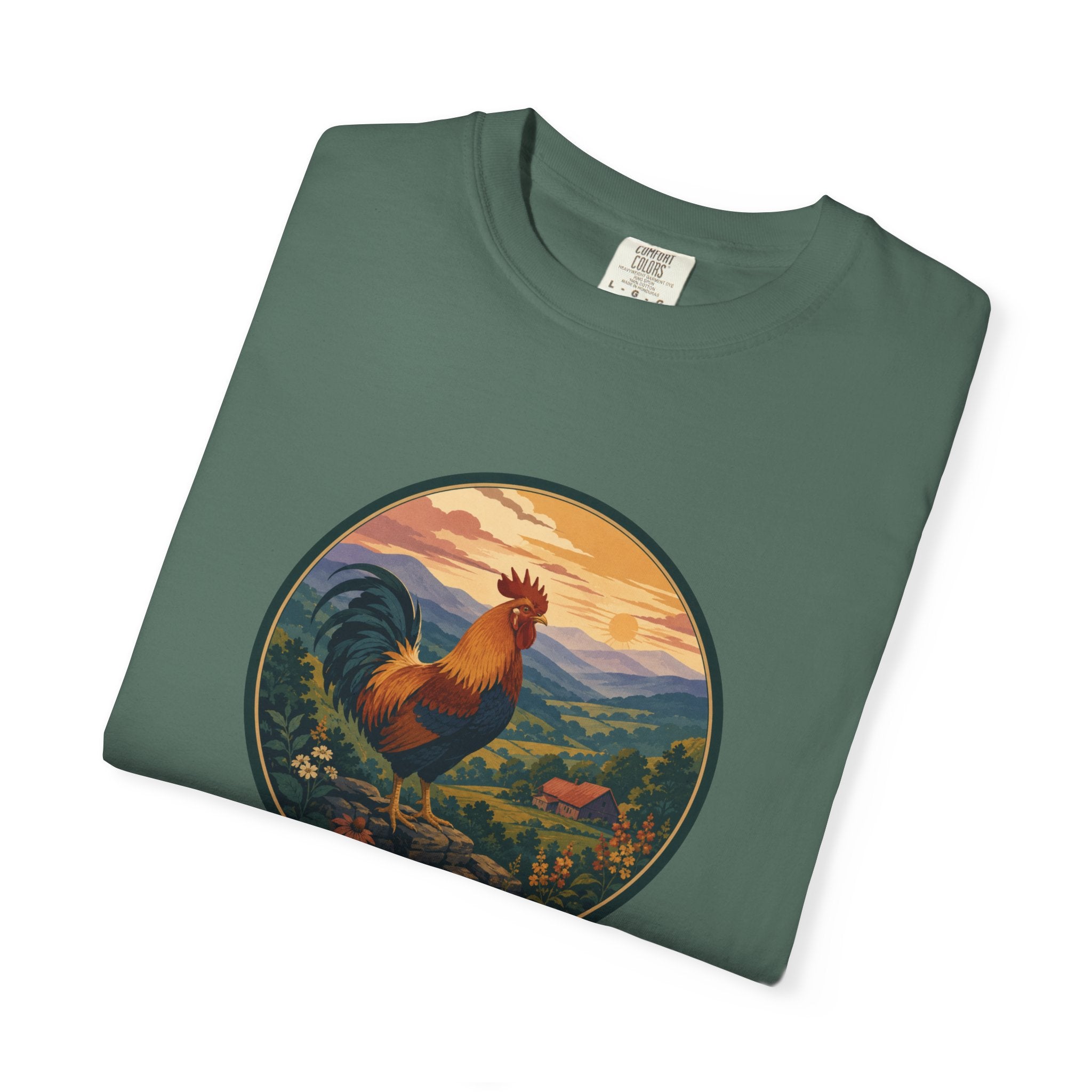 Blue Ridge Rooster Sunrise T-Shirt — Vintage Farm Scene Tee