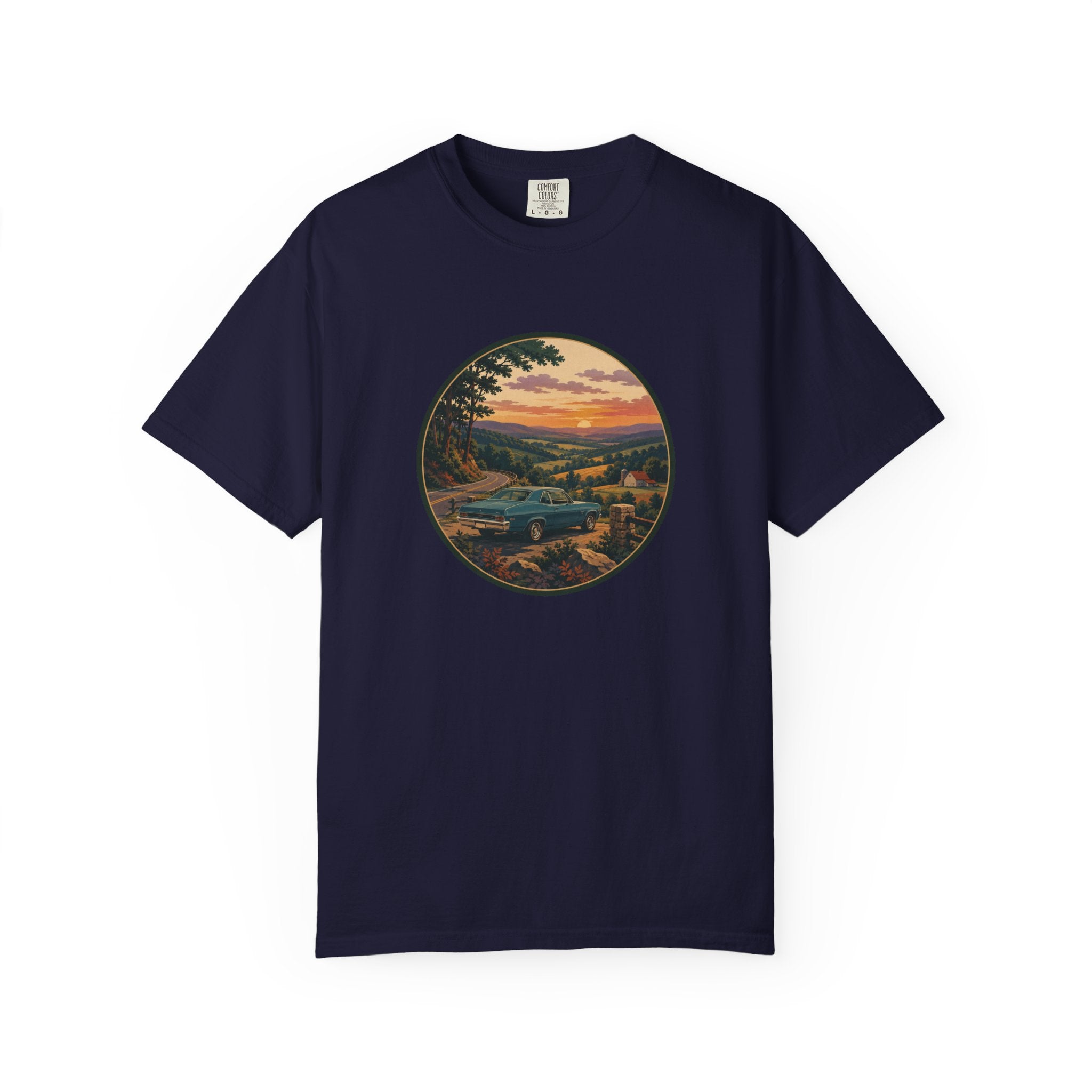 Sunset Valley Classic Car Landscape T-Shirt