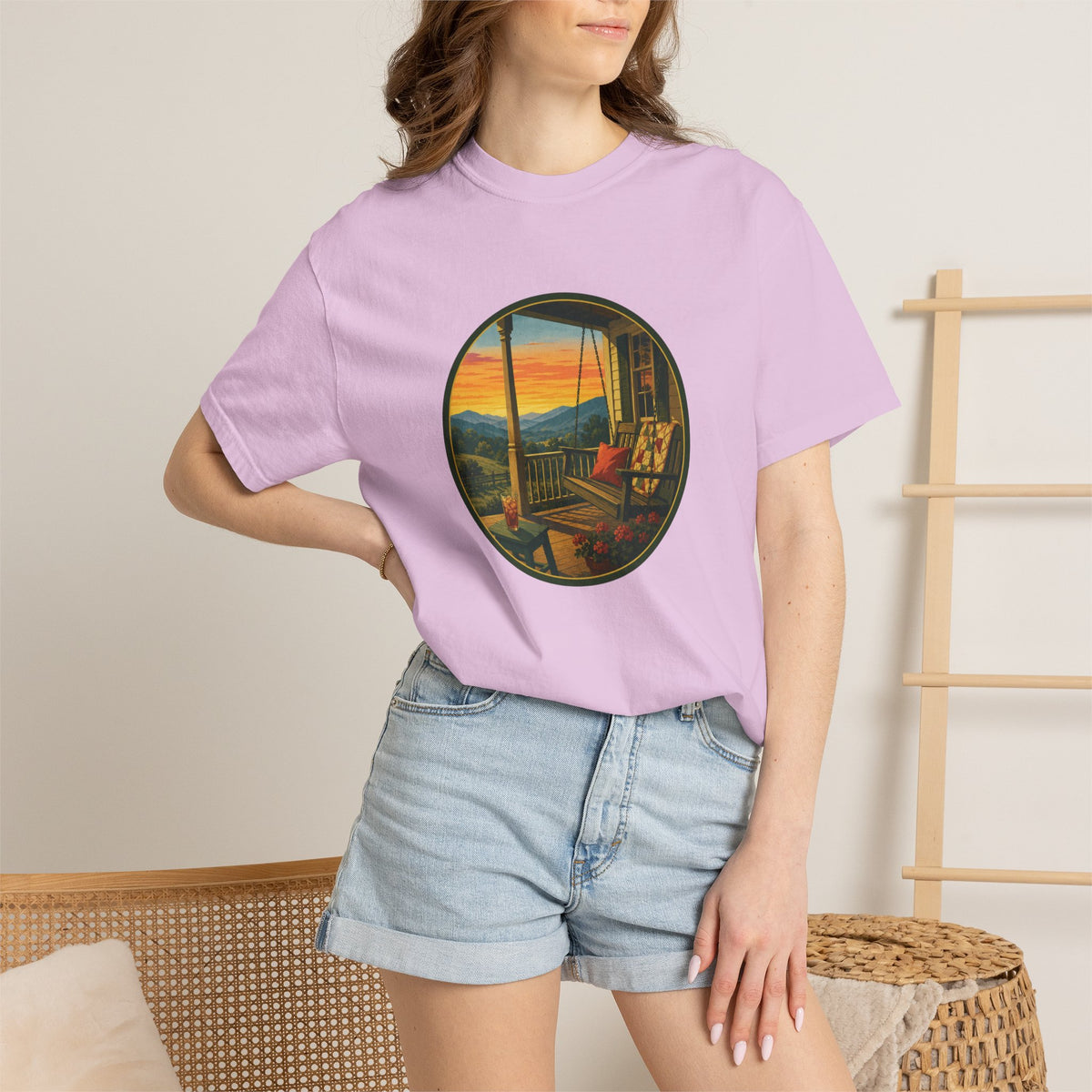 Sunset Porch Circle T-Shirt — Scenic Porch Swing Graphic Tee
