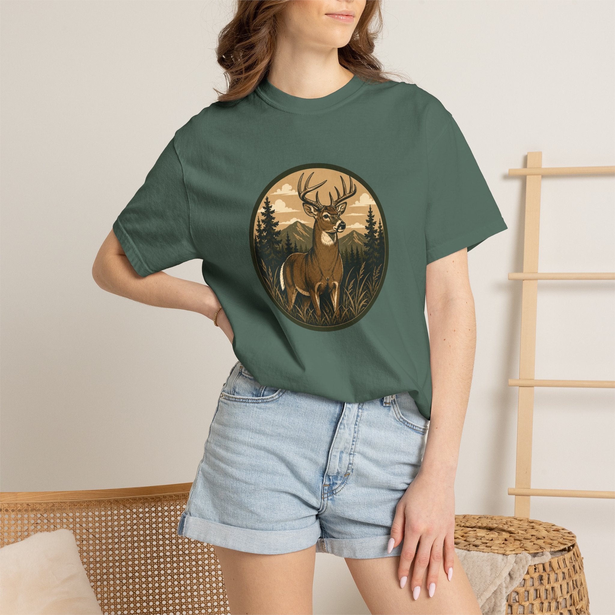 Buck in the Pines T-Shirt — Vintage Deer Forest Graphic Tee