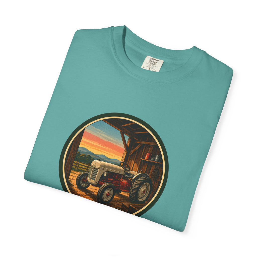 Vintage Tractor Circle T-Shirt — Rustic Farmstead Sunset Tee