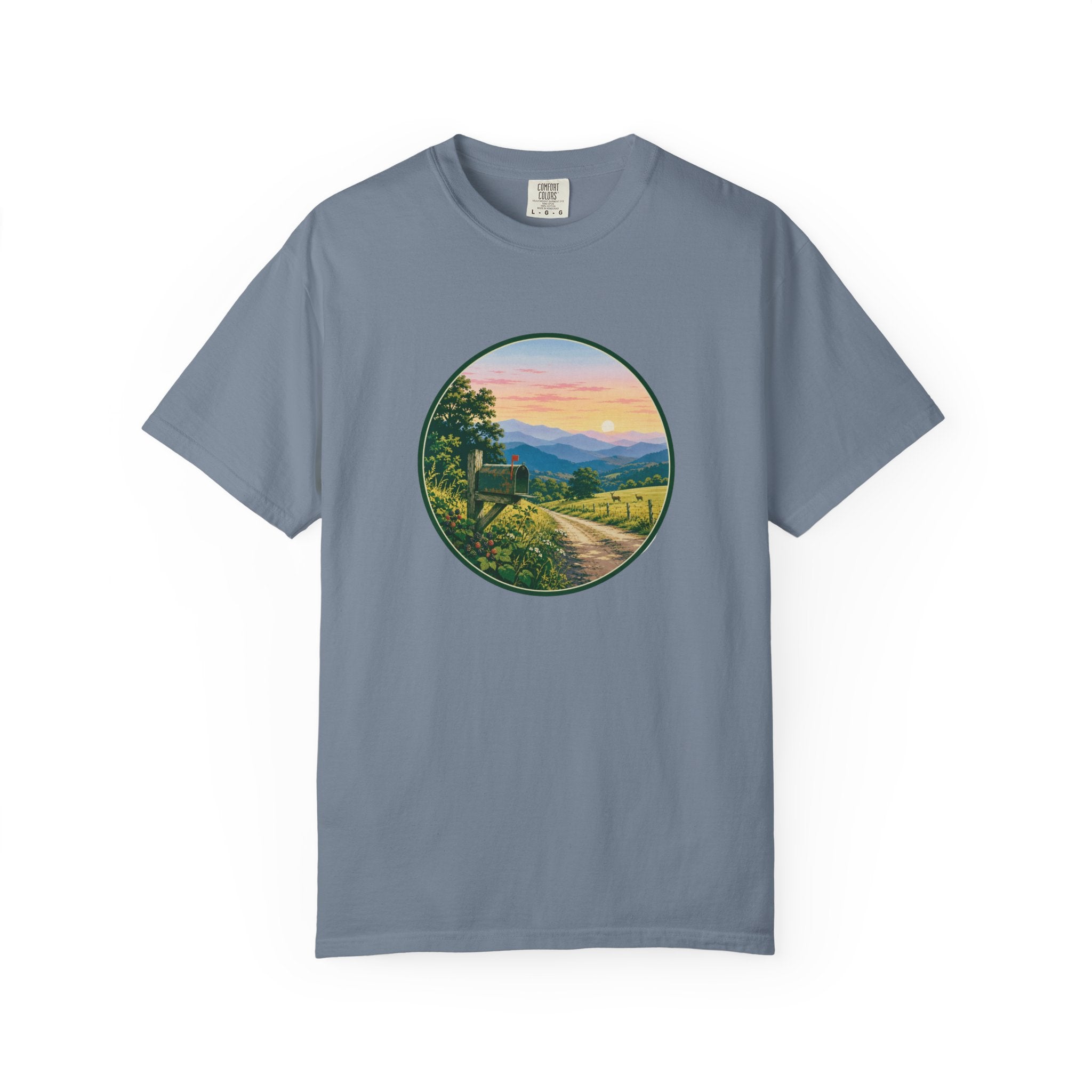 Scenic Backroad Sunset T-Shirt — Vintage Mailbox Circle Landscape Tee